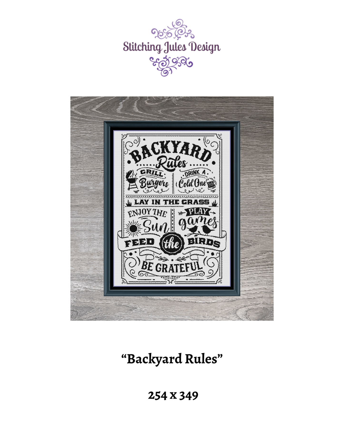 Stitching Jules Design Cross Stitch Pattern Backyard Rules Sign Funny Home BBQ Family Monochrome Counted Cross Stitch Pattern Digital Download