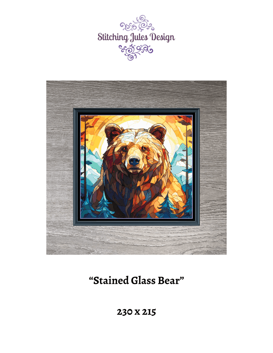 Stitching Jules Design Cross Stitch Pattern Bear Animal Wildlife Stained Glass Outdoors Mountains Landscape Full Coverage Counted Cross Stitch Pattern Digital Download