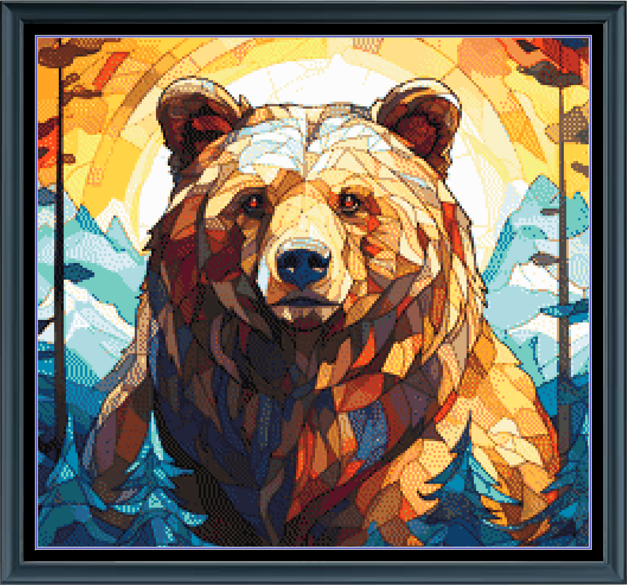 Stitching Jules Design Cross Stitch Pattern Bear Animal Wildlife Stained Glass Outdoors Mountains Landscape Full Coverage Counted Cross Stitch Pattern Digital Download