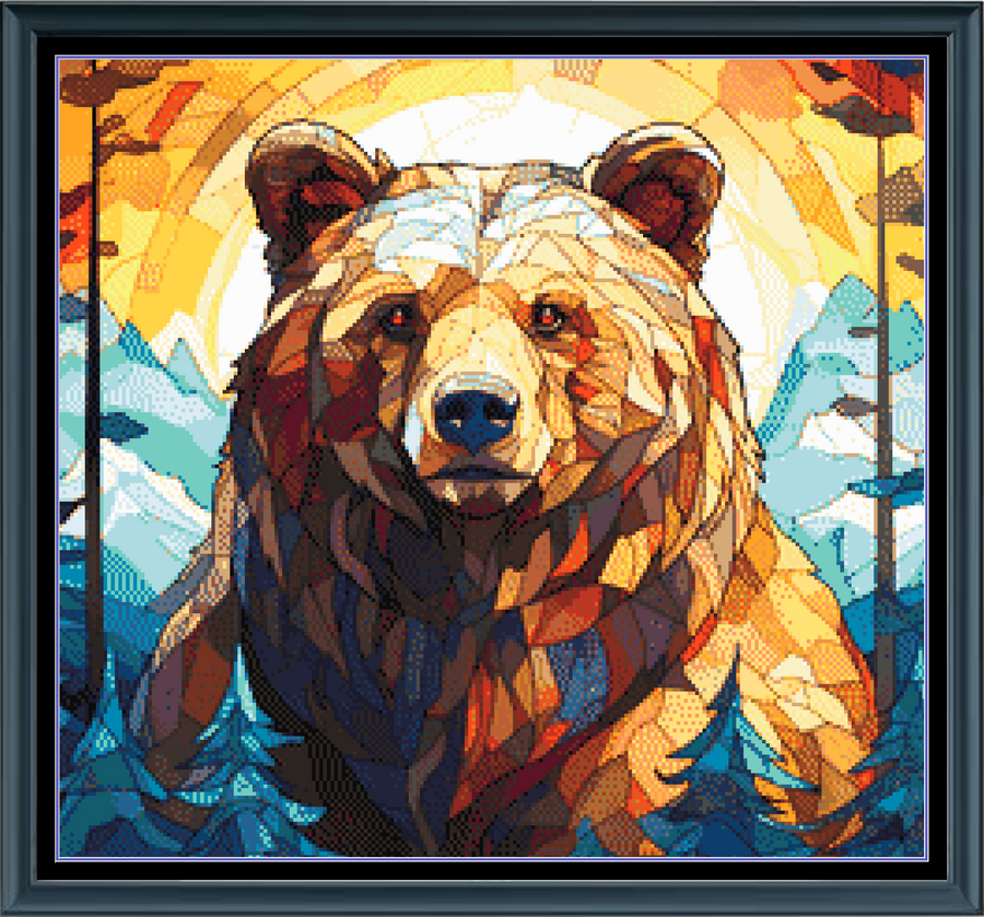 Stitching Jules Design Cross Stitch Pattern Bear Animal Wildlife Stained Glass Outdoors Mountains Landscape Full Coverage Counted Cross Stitch Pattern Digital Download