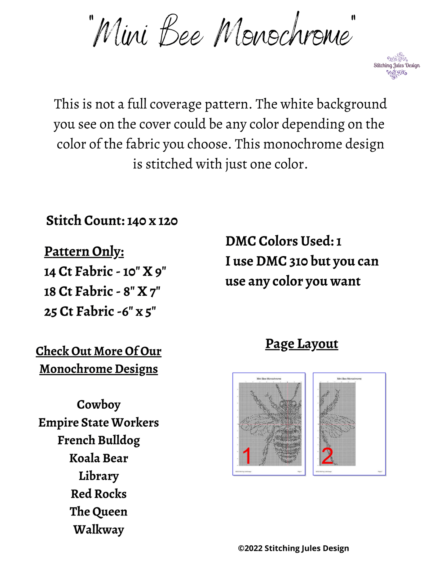 Stitching Jules Design Cross Stitch Pattern Bee Cross Stitch Pattern | Monochrome Cross Stitch | Beginner Cross Stitch Pattern | Physical And Digital Pattern Options