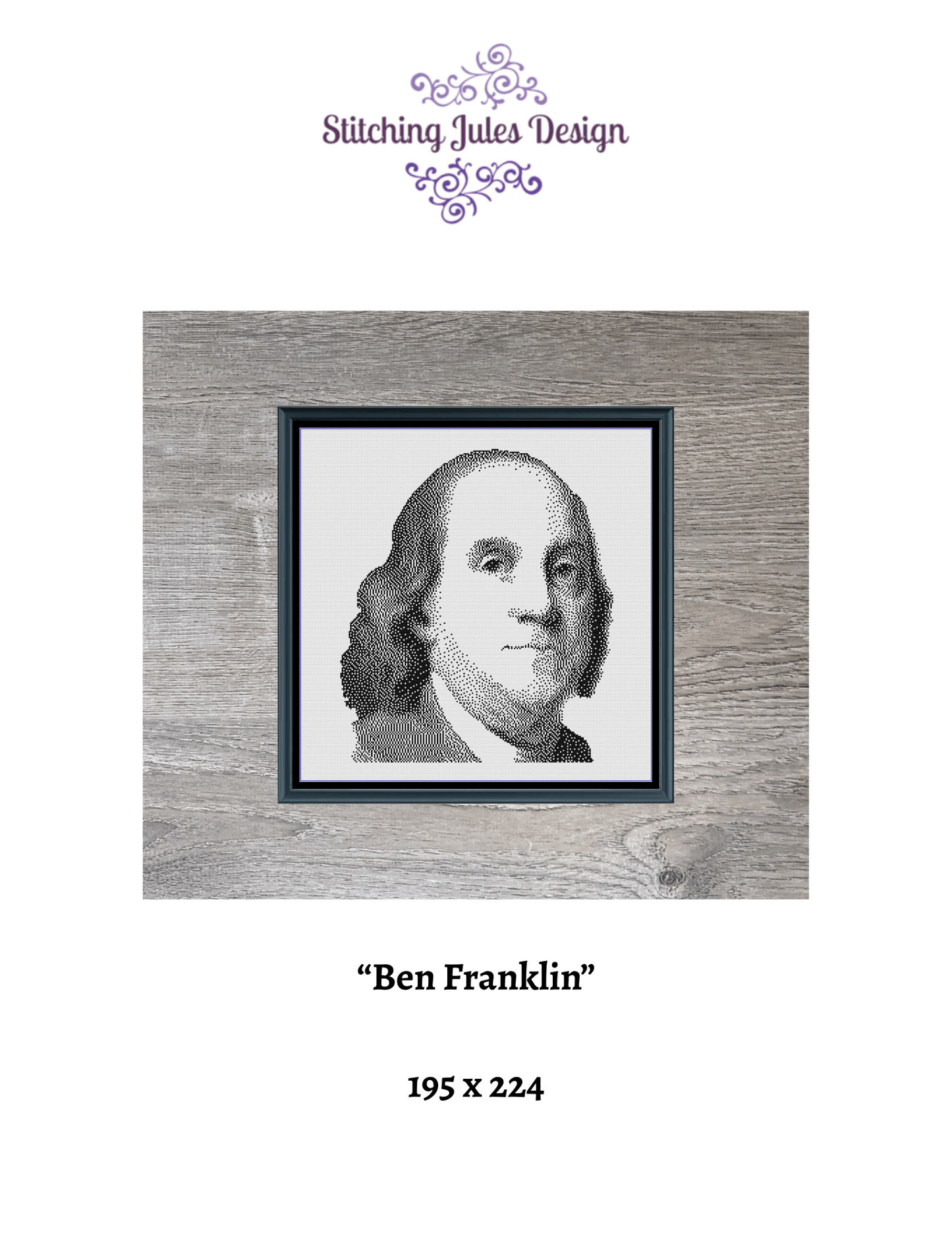 Stitching Jules Design Cross Stitch Pattern Ben Franklin Revolutionary War Monochrome Counted Cross-Stitch Pattern (Digital Download)