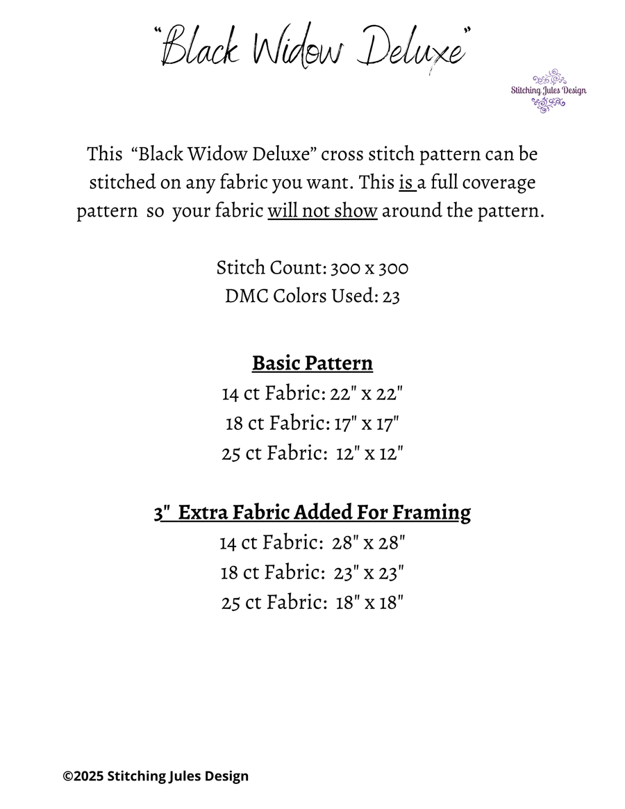 Stitching Jules Design Cross Stitch Pattern Black Widow Spider Scary Web Halloween Full Coverage Large Counted Cross Stitch Pattern Digital Download