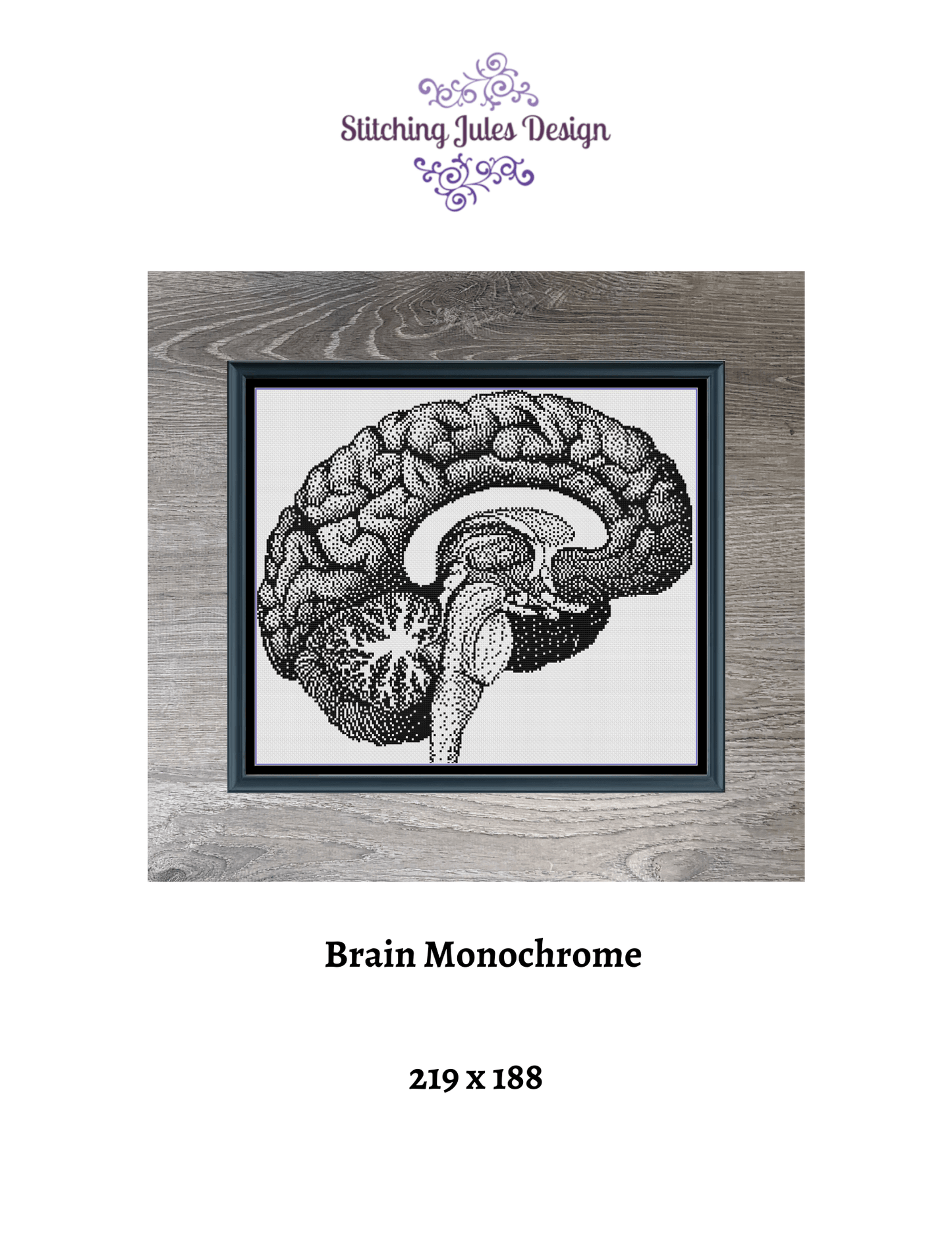 Stitching Jules Design Cross Stitch Pattern Brain Human Anatomy Premium Monochrome Counted Cross-Stitch Pattern | Instant Download PDF