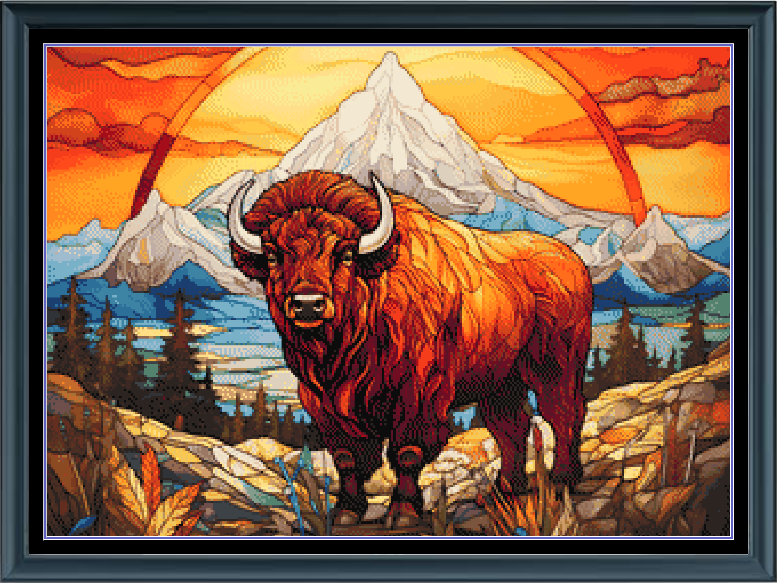 Stitching Jules Design Cross Stitch Pattern Buffalo Bison American West Mountain Landscape Stained Glass Full Coverage Counted Cross Stitch Pattern