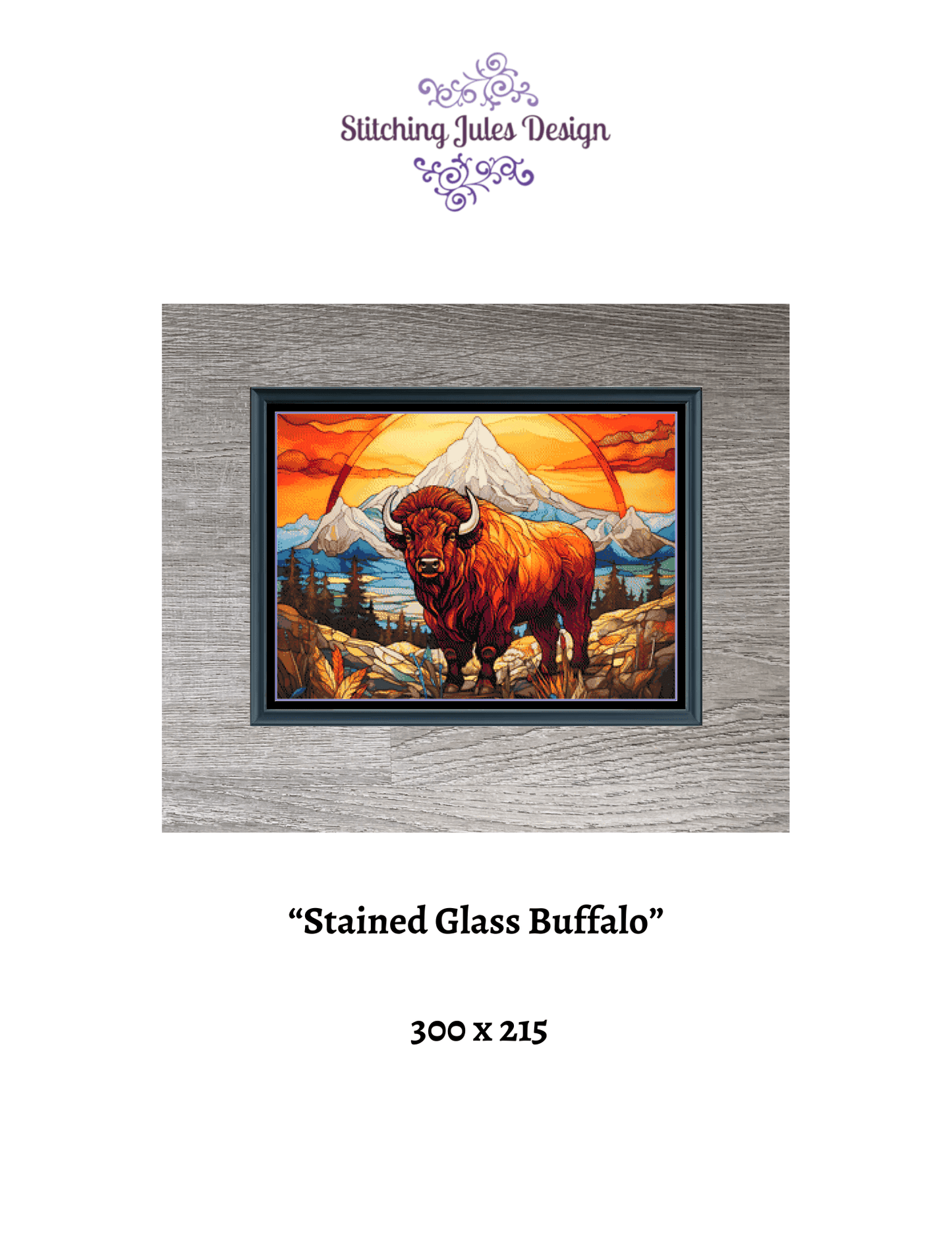 Stitching Jules Design Cross Stitch Pattern Buffalo Bison American West Mountain Landscape Stained Glass Full Coverage Counted Cross Stitch Pattern