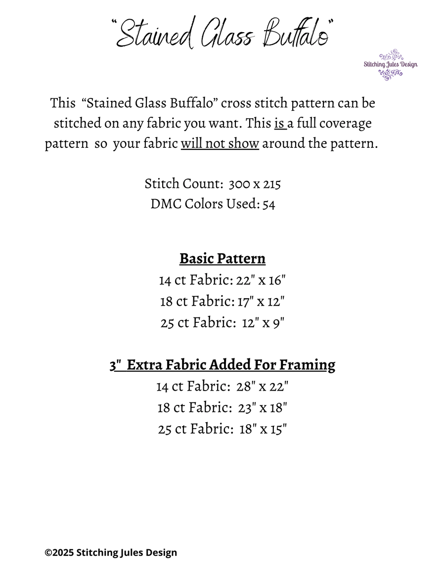 Stitching Jules Design Cross Stitch Pattern Buffalo Bison American West Mountain Landscape Stained Glass Full Coverage Counted Cross Stitch Pattern