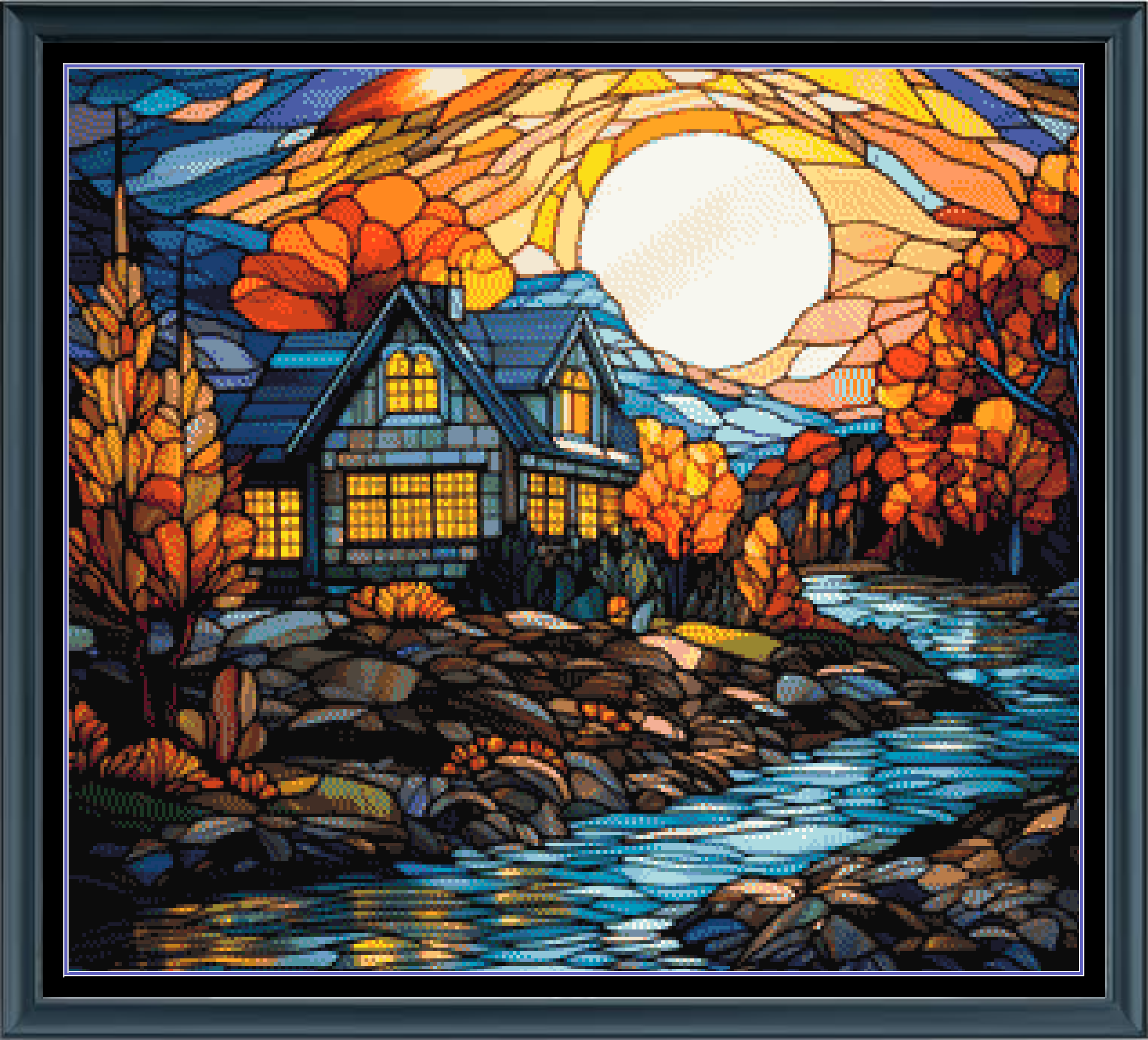 Stitching Jules Design Cross Stitch Pattern Cabin House River Stained Glass Full Coverage Counted Cross Stitch Pattern Digital Download