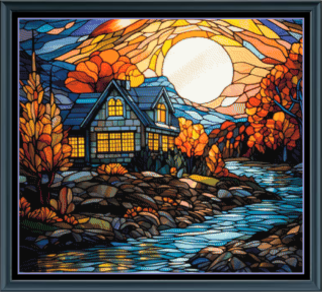Stitching Jules Design Cross Stitch Pattern Cabin House River Stained Glass Full Coverage Counted Cross Stitch Pattern Digital Download