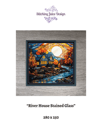 Thumbnail for Stitching Jules Design Cross Stitch Pattern Cabin House River Stained Glass Full Coverage Counted Cross Stitch Pattern Digital Download