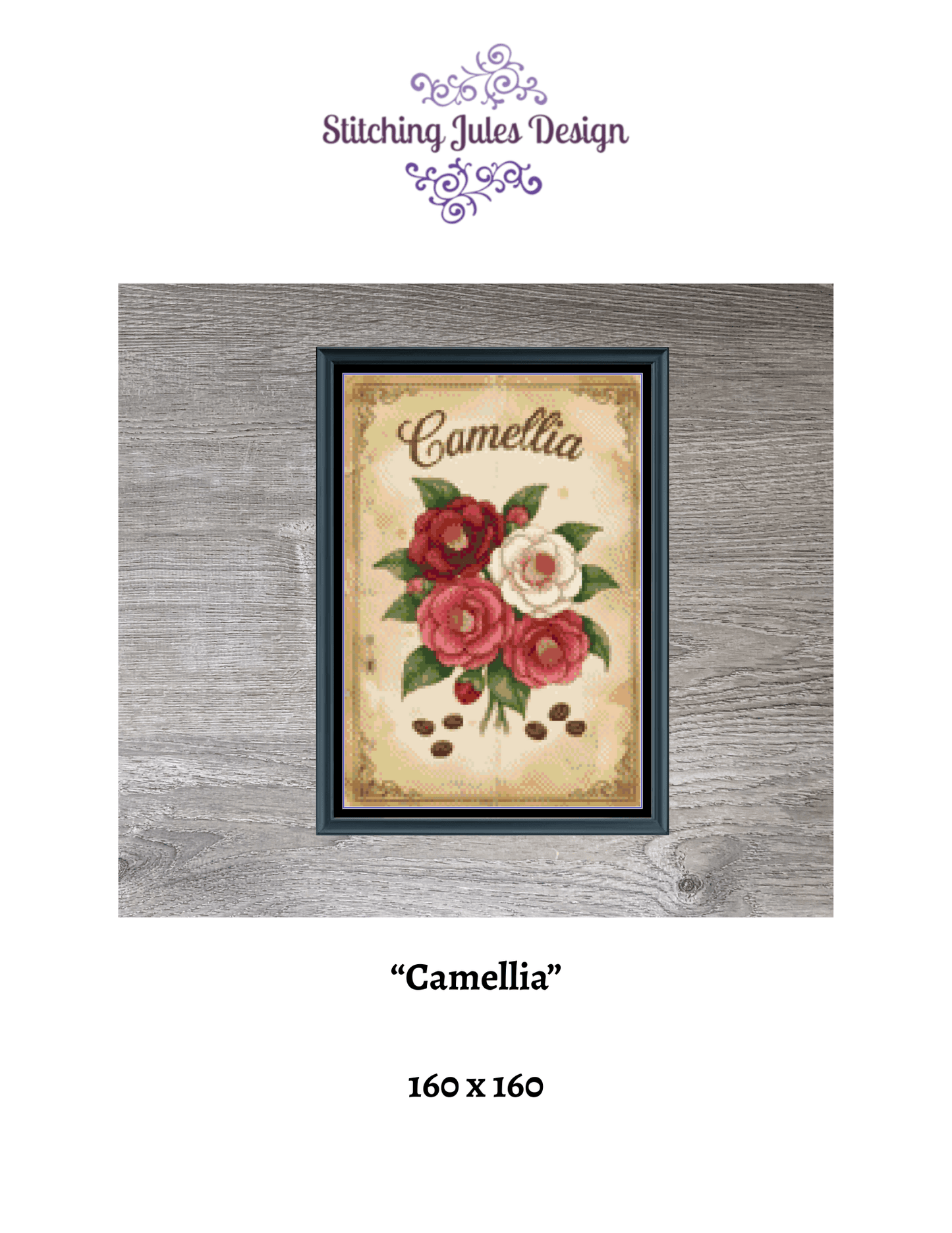 Stitching Jules Design Cross Stitch Pattern Camellia Winter Flower Full Coverage Counted Cross-Stitch Pattern (Digital Download)