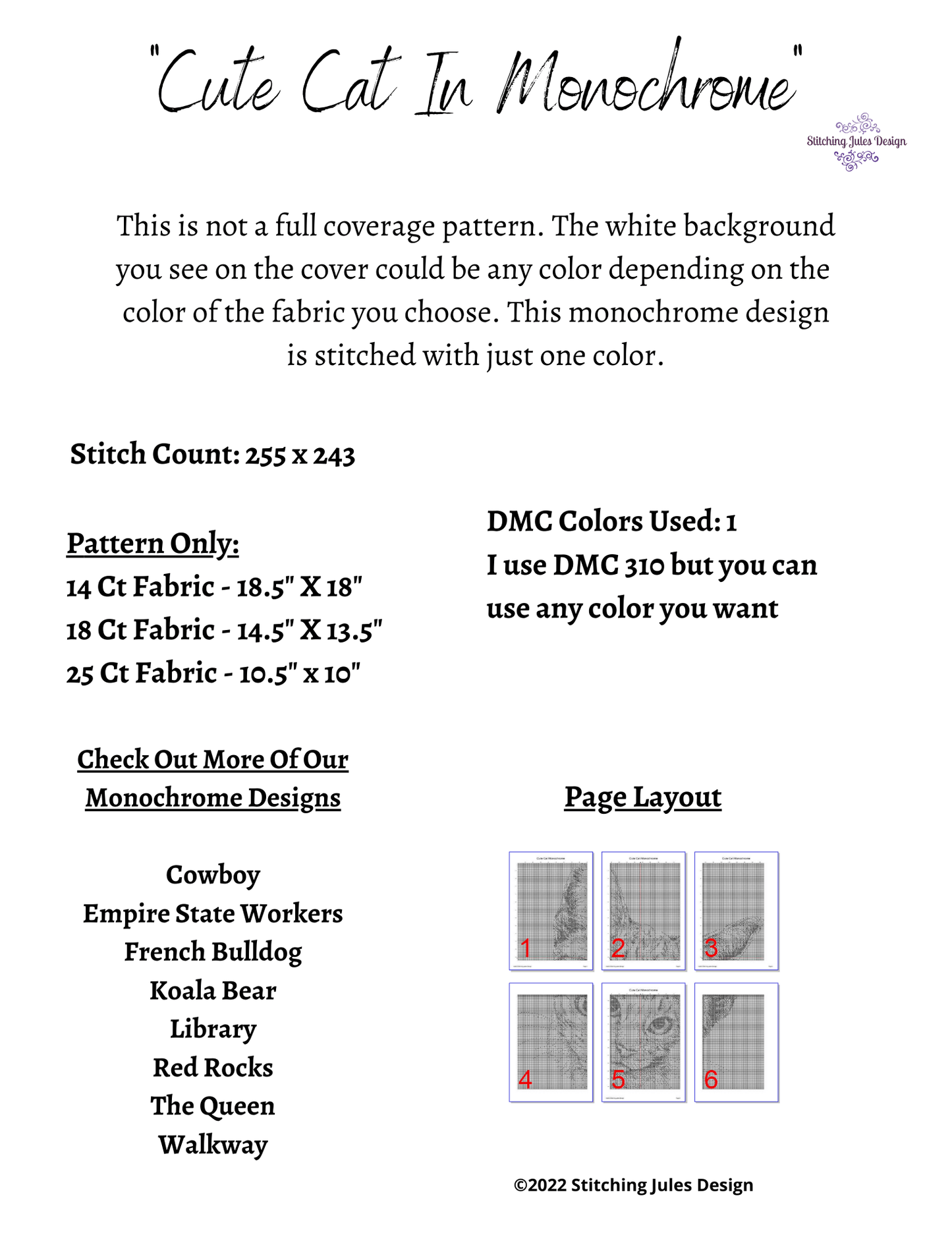 Stitching Jules Design Cross Stitch Pattern Cat Feline Monochrome Black White Counted Cross Stitch Pattern PDF Digital Download Pattern Keeper Ready