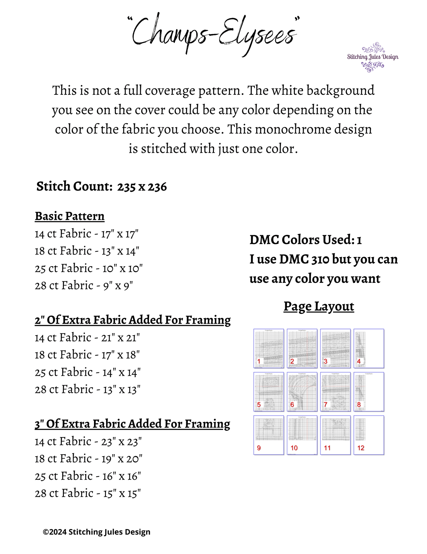 Stitching Jules Design Cross Stitch Pattern Champs-Elysees Monochrome