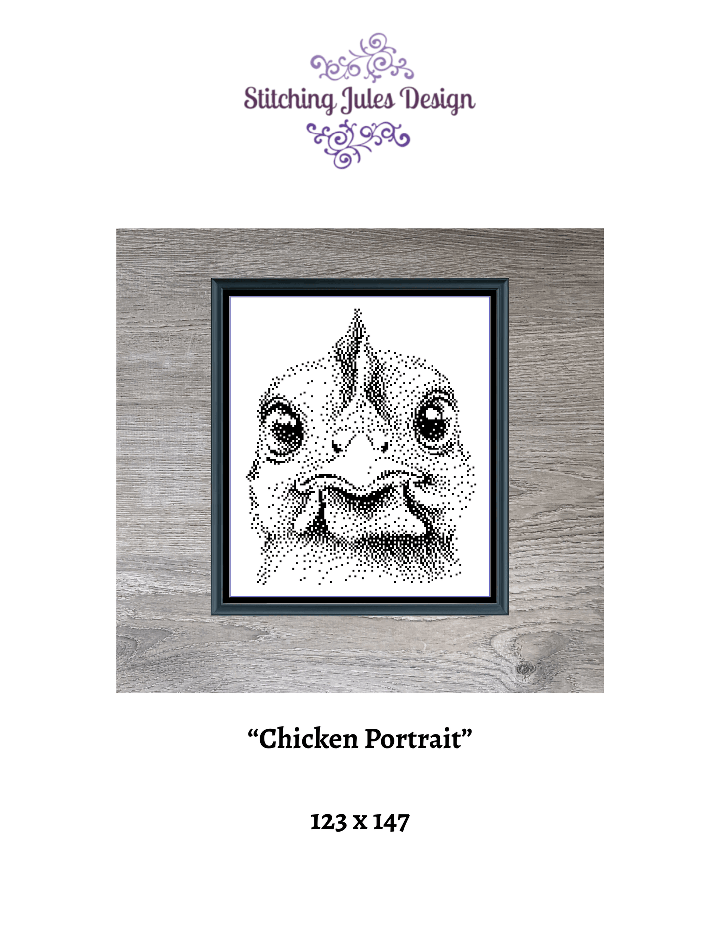 Stitching Jules Design Cross Stitch Pattern Chicken Rooster Portrait Mini Monochrome Counted Cross-Stitch Pattern (Digital Download)