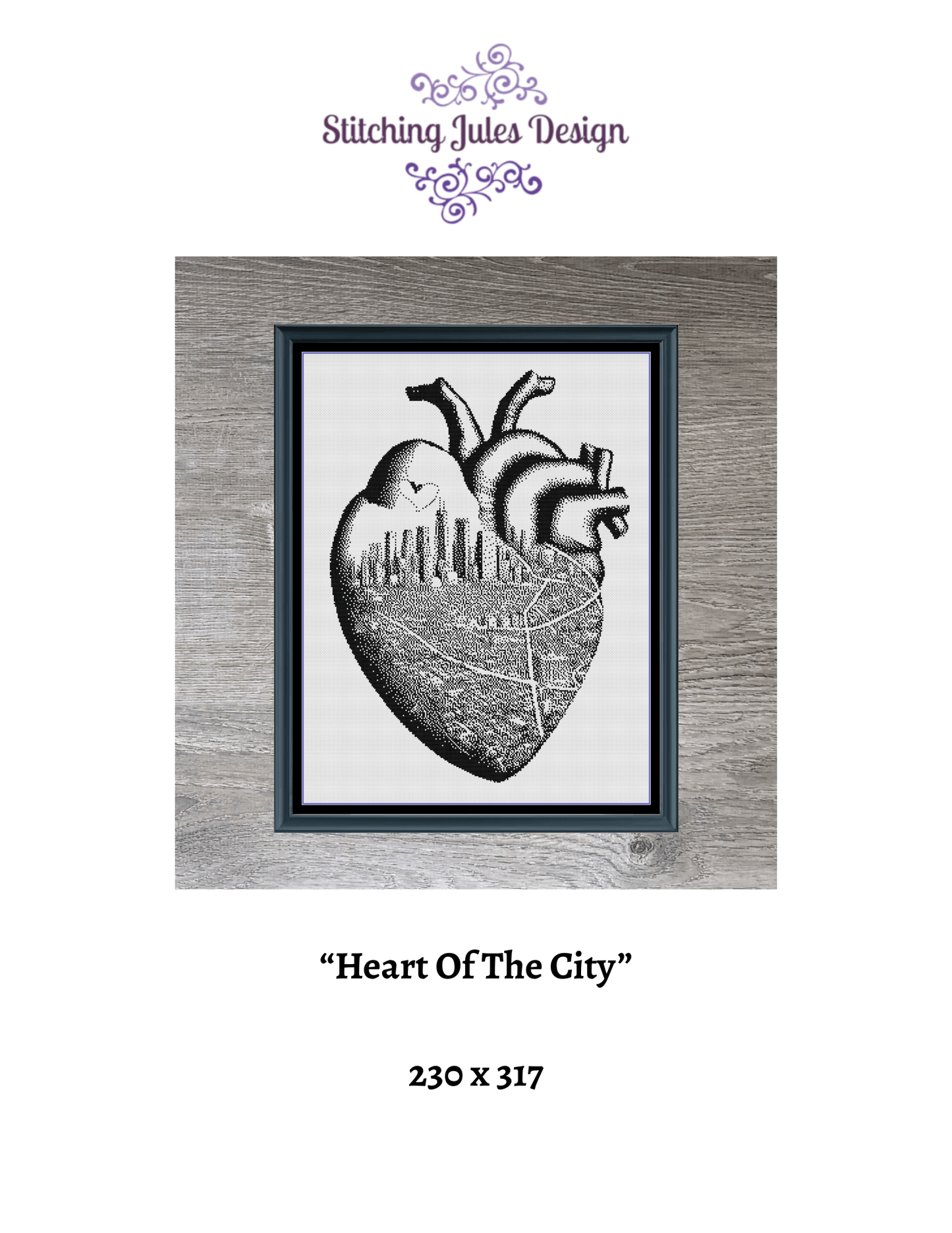 Stitching Jules Design Cross Stitch Pattern City Heart Map Monochrome Counted Cross Stitch Pattern (Digital Download)
