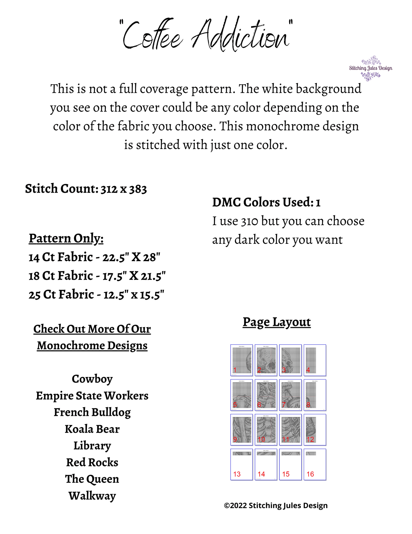 Stitching Jules Design Cross Stitch Pattern Coffee Addiction Skeleton Funny Monochrome Cross Stitch Needlepoint Embroidery Pattern - Instant Download - Pattern Keeper Ready