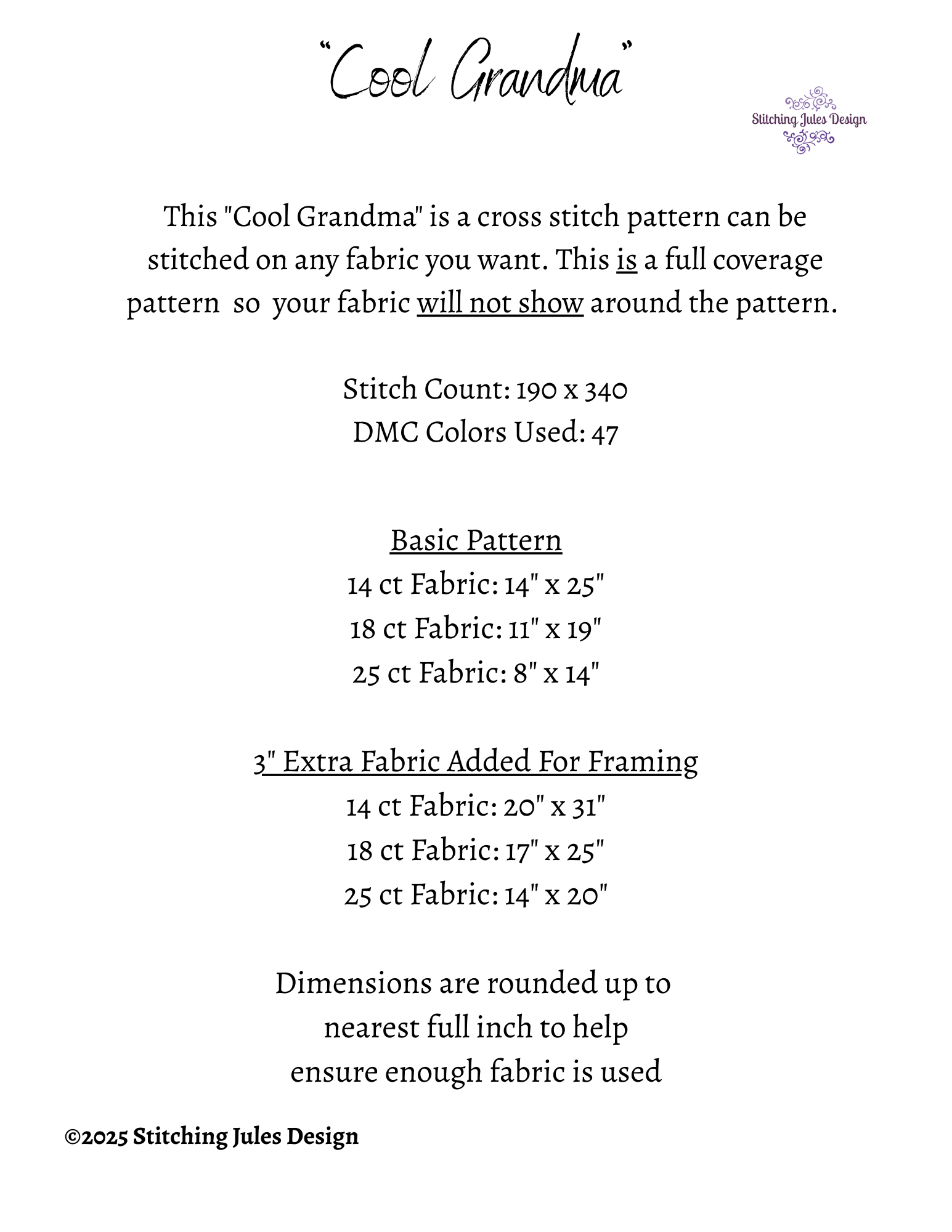 Stitching Jules Design Cross Stitch Pattern Cool Grandma Fun Full Coverage Counted Cross Stitch Pattern Digital Download