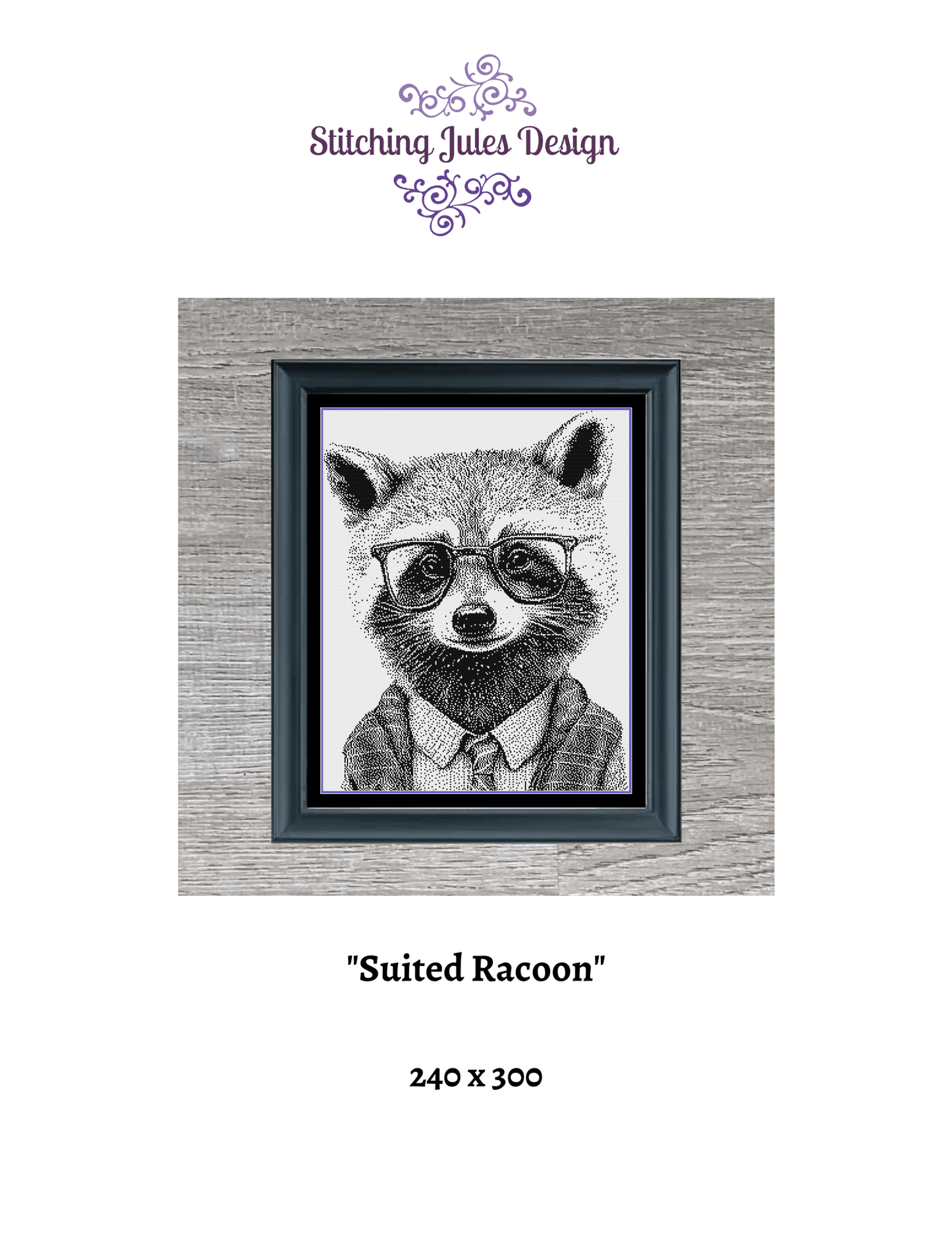 Stitching Jules Design Cross Stitch Pattern Cool Racoon Monochrome Blackwork Cross-Stitch Pattern Instant Download PDF