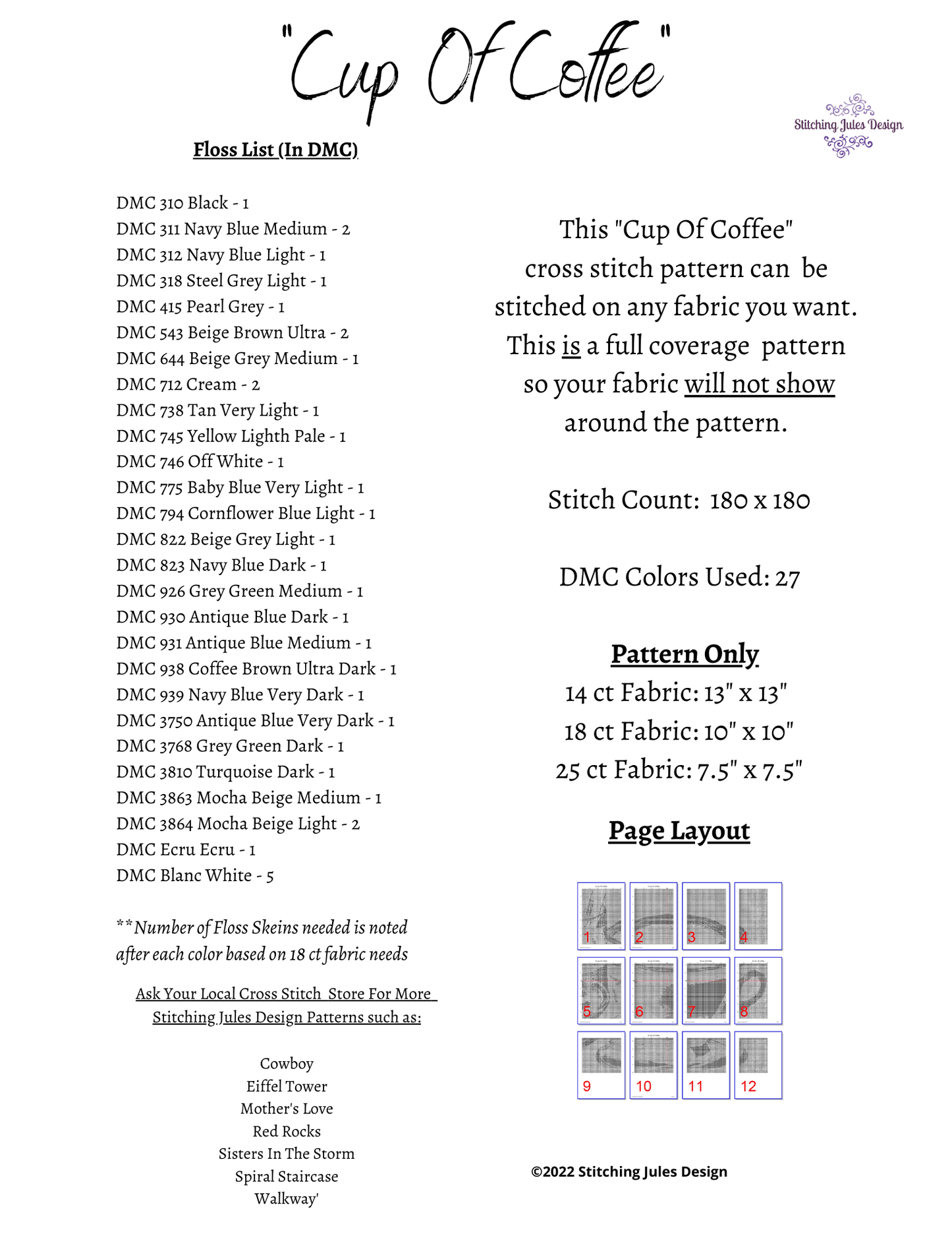 Stitching Jules Design Cross Stitch Pattern Cup Of Coffee Morning Brew Cross Stitch Embroidery Needlepoint Pattern PDF Download - Ready For Pattern Keeper