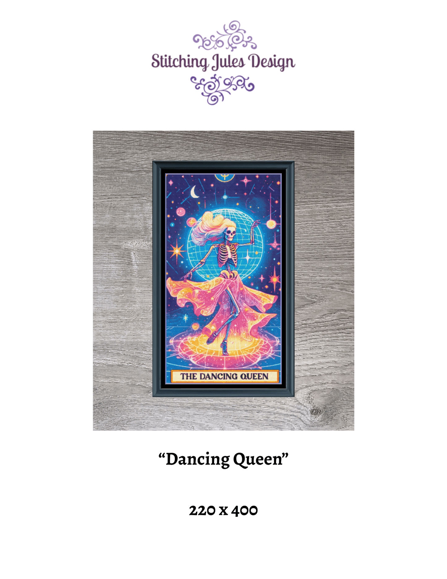 Stitching Jules Design Cross Stitch Pattern Dancing Queen Tarot Card Funny Skeleton Disco Large Full Coverage Counted Cross-Stitch Pattern (Digital Download)