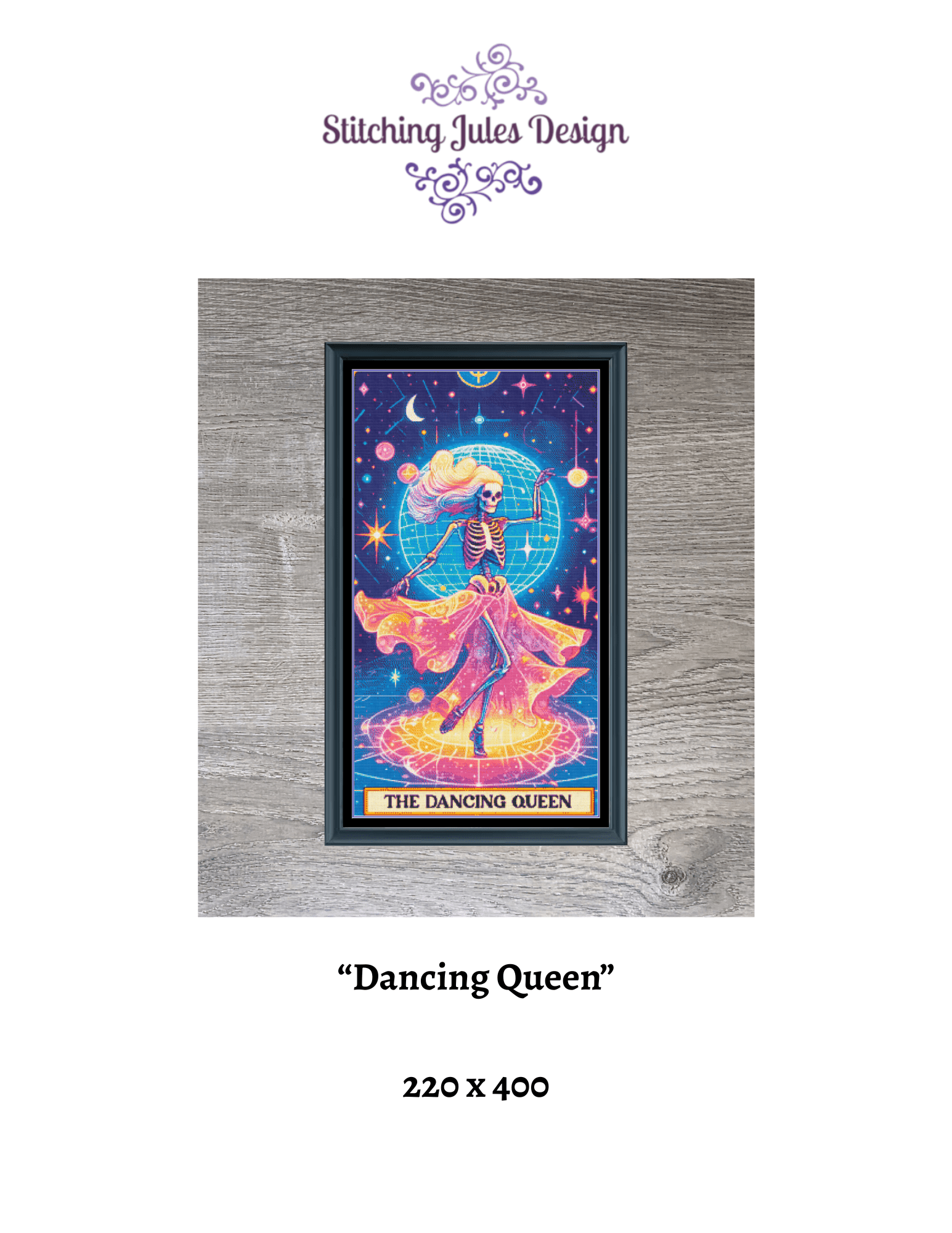 Stitching Jules Design Cross Stitch Pattern Dancing Queen Tarot Card Funny Skeleton Disco Large Full Coverage Counted Cross-Stitch Pattern (Digital Download)
