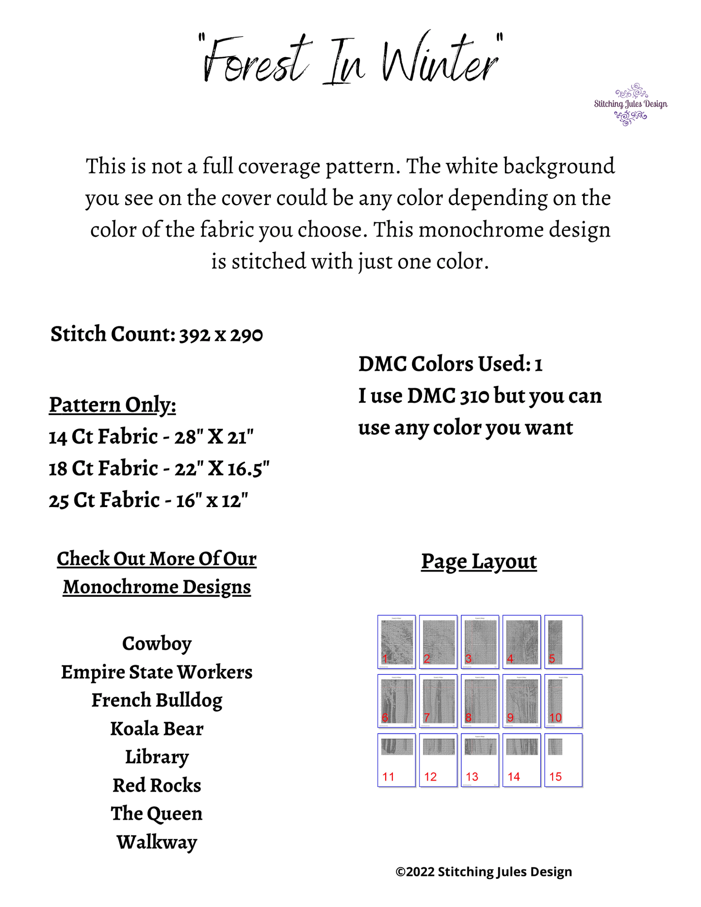 Stitching Jules Design Cross Stitch Pattern Forest Winter Trees Blizzard Landscape Monochrome Black White Counted Cross Stitch Pattern PDF Digital Download Pattern Keeper Ready