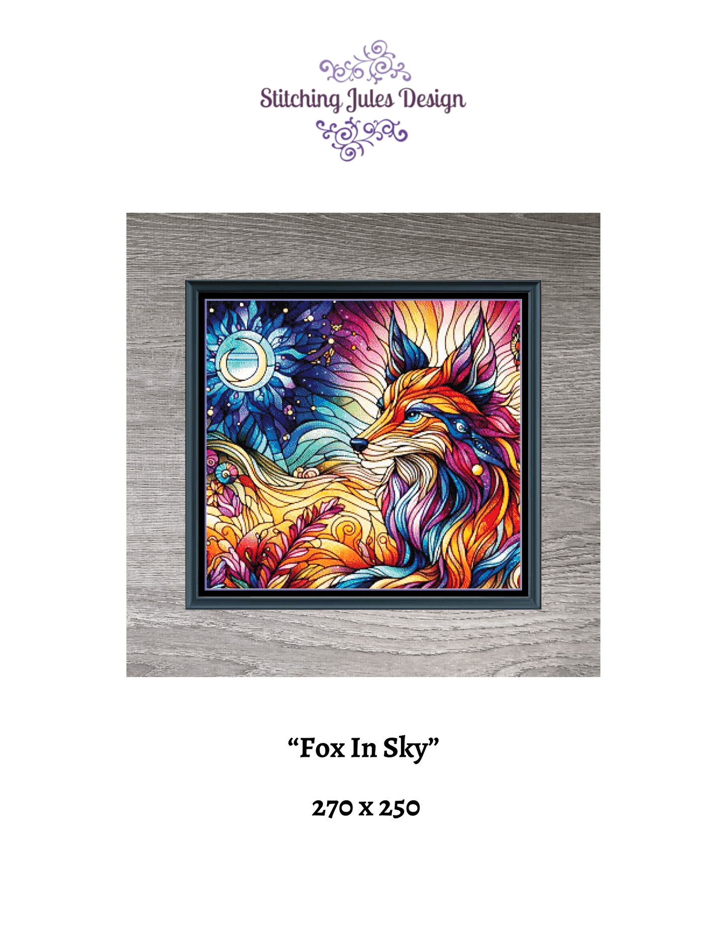 Stitching Jules Design Cross Stitch Pattern Fox Sky Wildlife Stained Glass Colorful Full Coverage Counted Cross Stitch Pattern Digital Download
