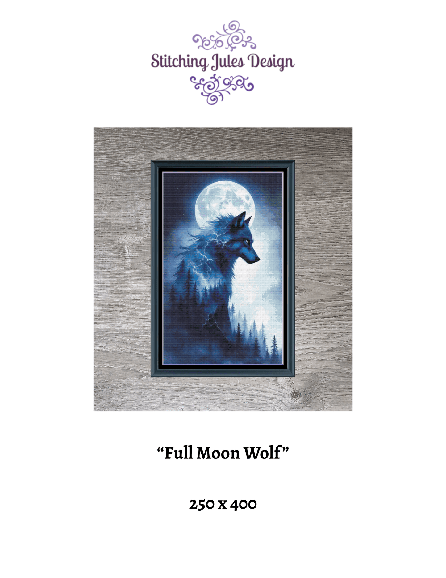 Stitching Jules Design Cross Stitch Pattern Full Moon Wolf Spiritual Animal Full Coverage Counted Cross Stitch Pattern (Digital Download)