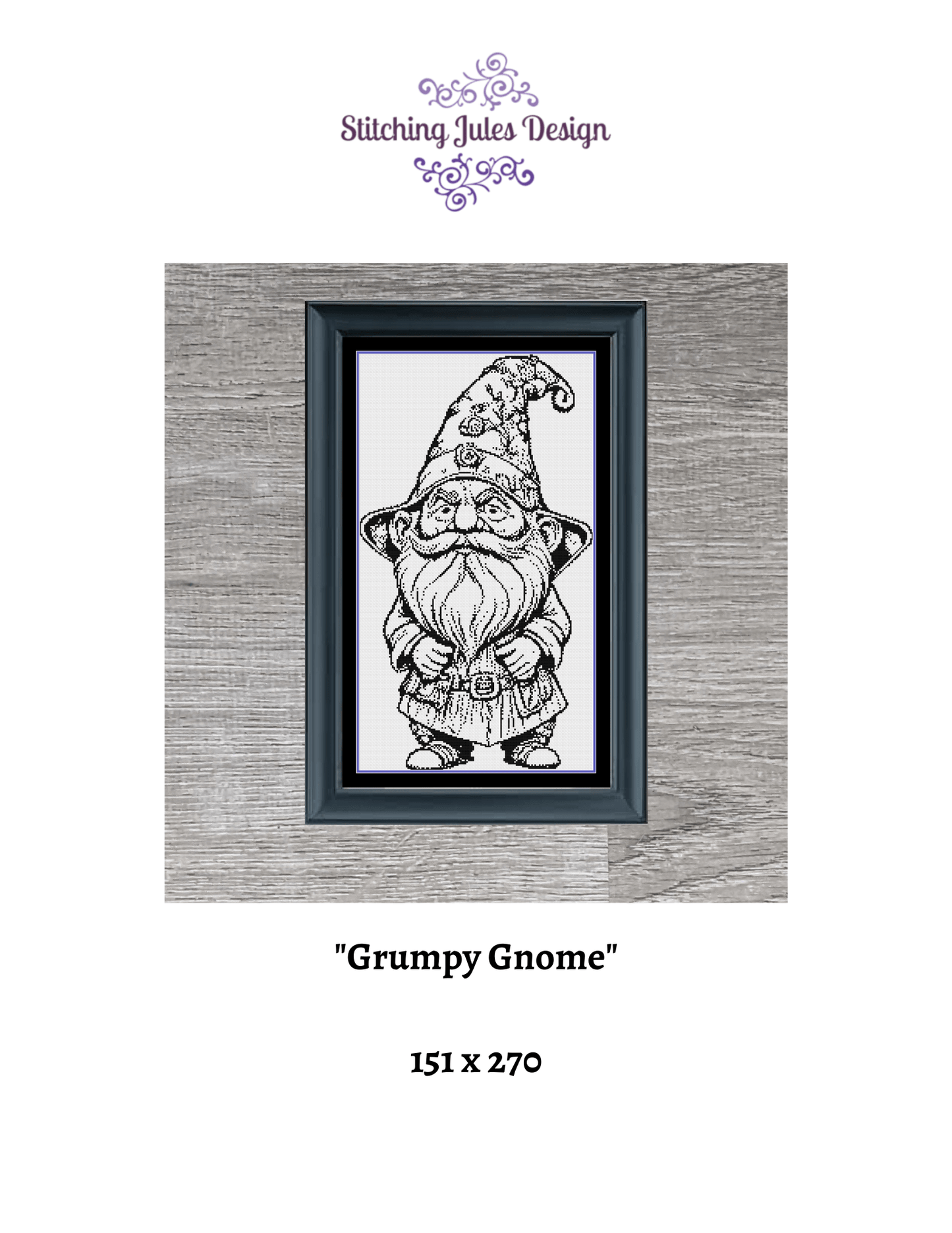 Stitching Jules Design Cross Stitch Pattern Grumpy Gnome Monochrome Blackwork Cross-Stitch Pattern Instant PDF Download