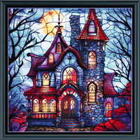 Thumbnail for Stitching Jules Design Cross Stitch Pattern Haunted House Halloween Spooky Scary Full Coverage Stained Glass Counted Cross Stitch Pattern Digital Download