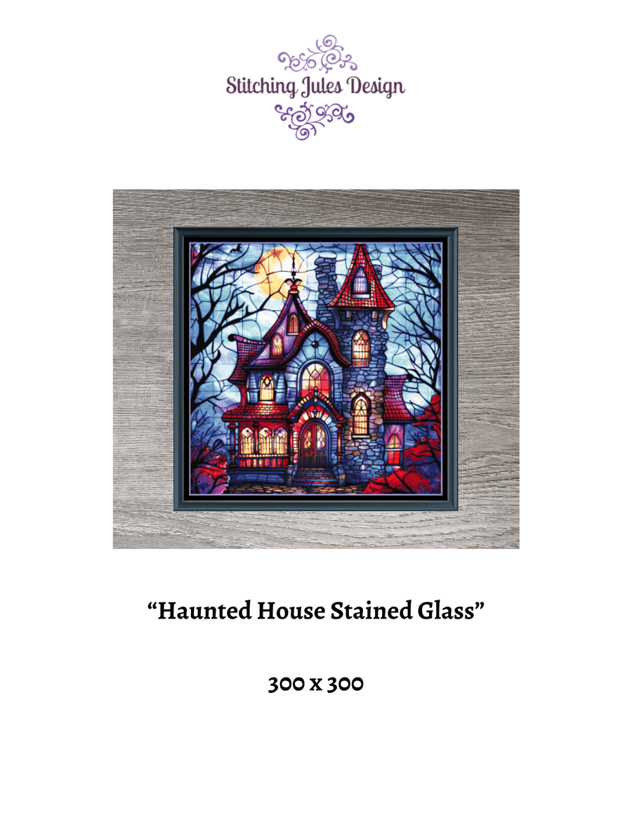 Stitching Jules Design Cross Stitch Pattern Haunted House Halloween Spooky Scary Full Coverage Stained Glass Counted Cross Stitch Pattern Digital Download