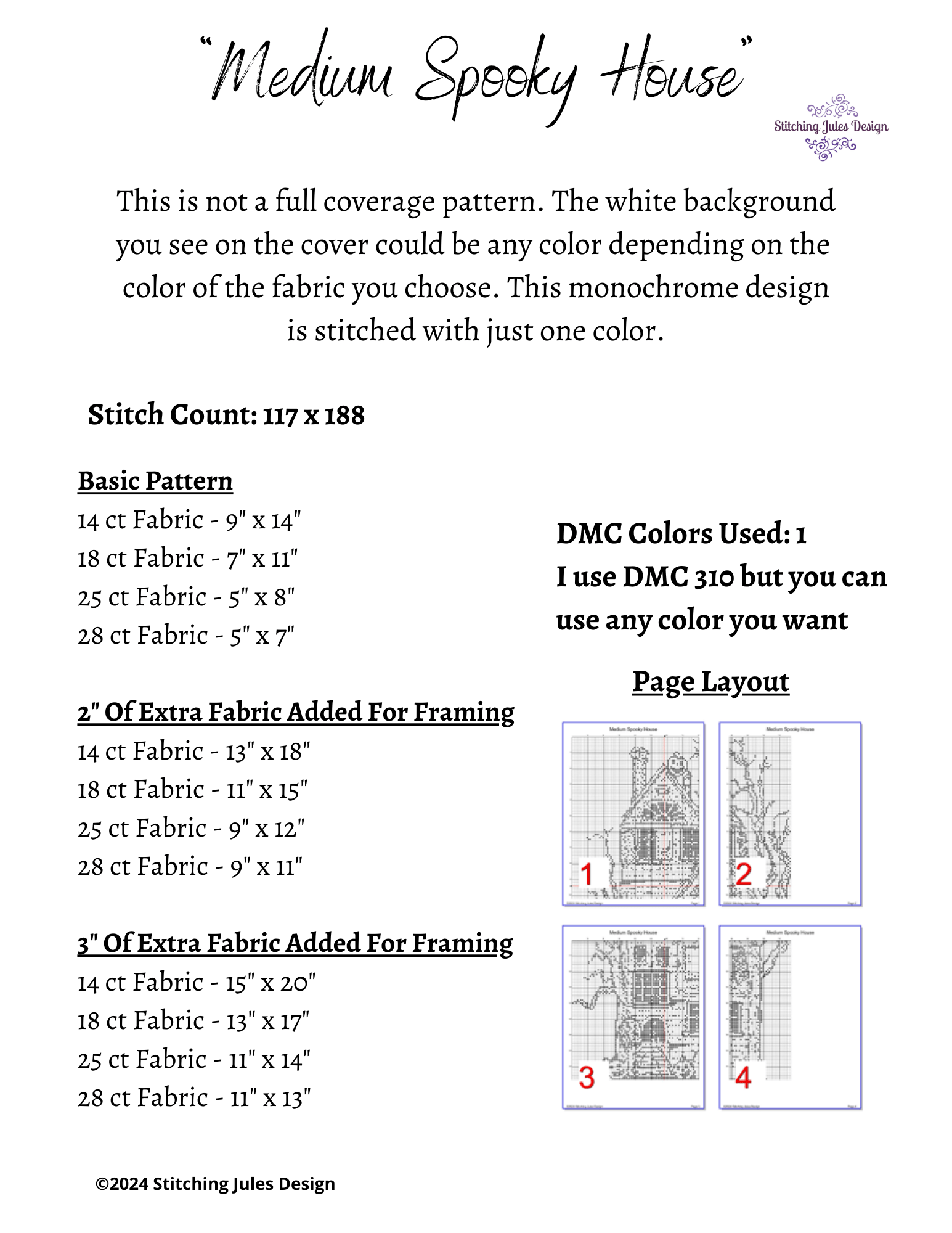 Stitching Jules Design Cross Stitch Pattern Haunted Spooky Halloween House Medium Monochrome Counted Cross-Stitch Pattern | Instant Download PDF
