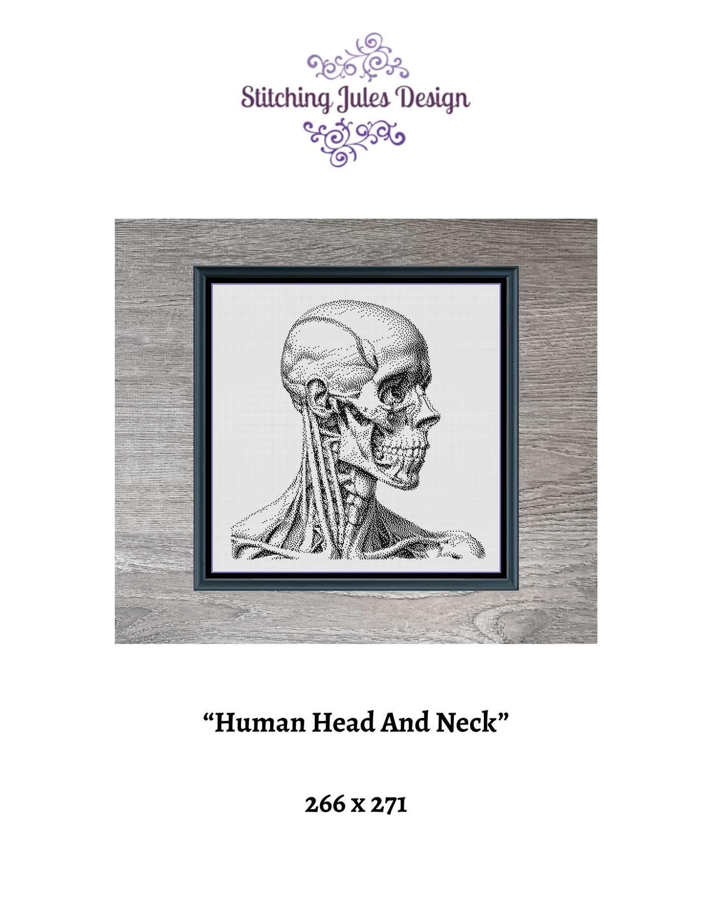 Stitching Jules Design Cross Stitch Pattern Human Anatomy Head Neck Monochrome Counted Cross Stitch Pattern (Digital Download)