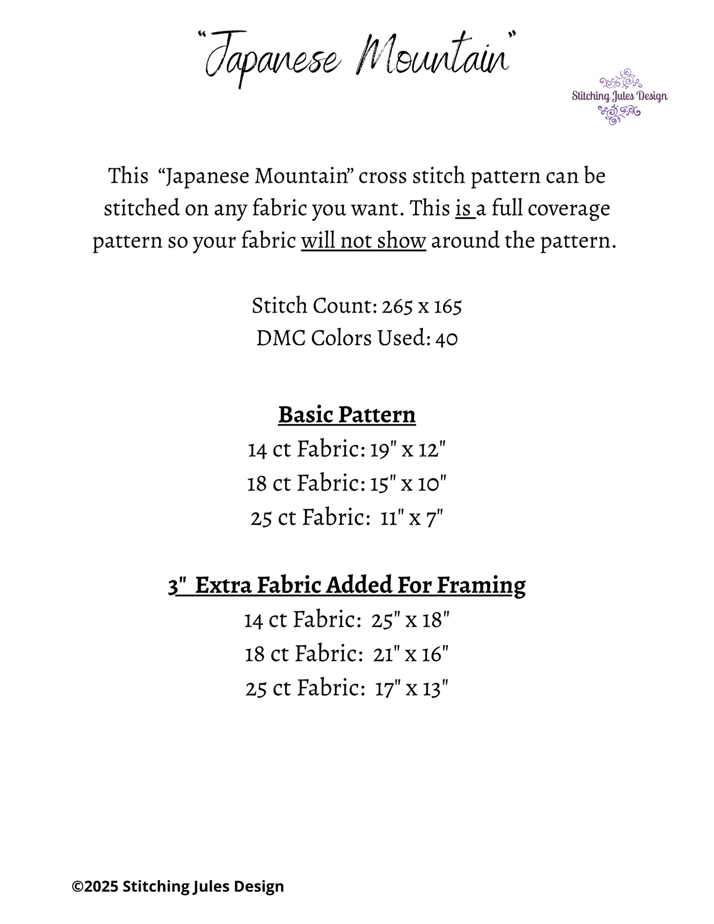 Stitching Jules Design Cross Stitch Pattern Japanese Mountain Peak Mt Fuji Asian Full Coverage Counted Cross-Stitch Pattern (Digital Download)