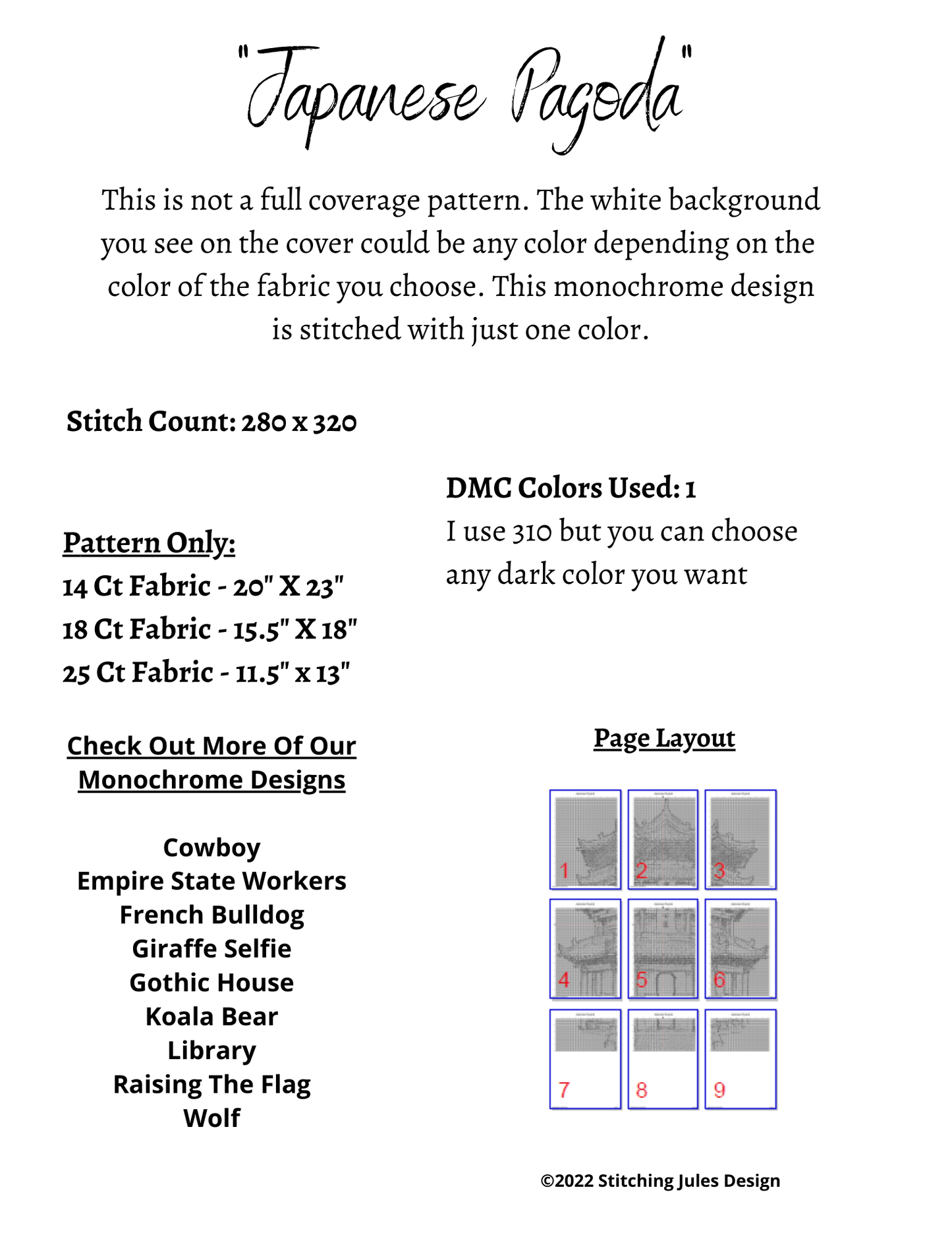 Stitching Jules Design Cross Stitch Pattern Japanese Pagoda Monochrome Cross Stitch Pattern