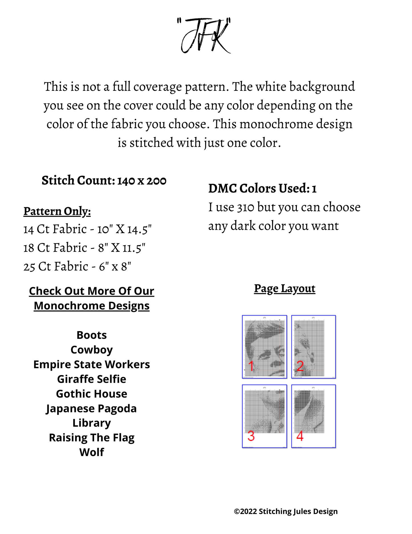 Stitching Jules Design Cross Stitch Pattern JFK President American History Kennedy Cross Stitch Embroidery Needlepoint Pattern | PDF Digital Download