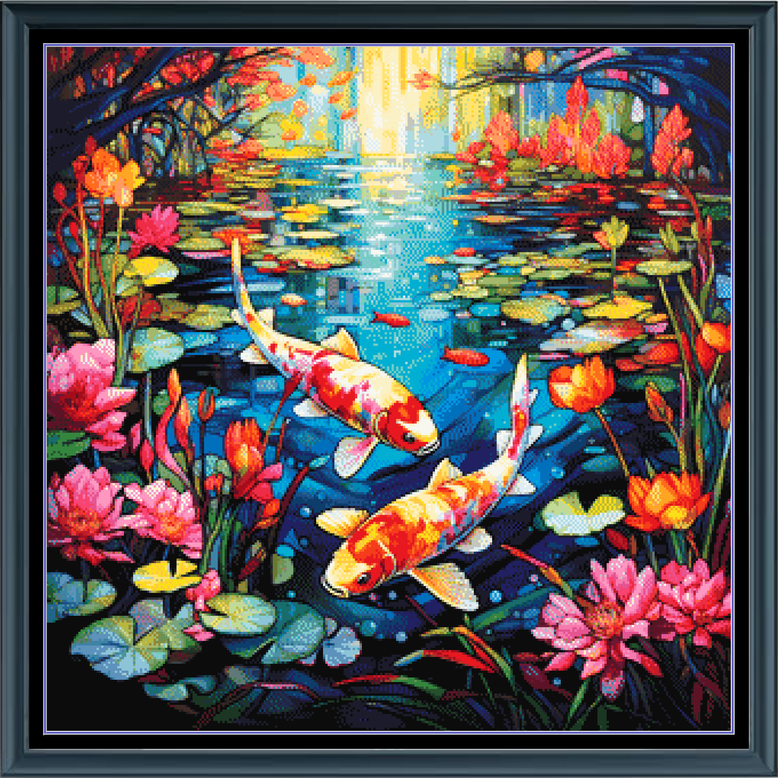 Stitching Jules Design Cross Stitch Pattern Koi Pond Asian Landscape Full Coverage Stained Glass Counted Cross Stitch Digital Download