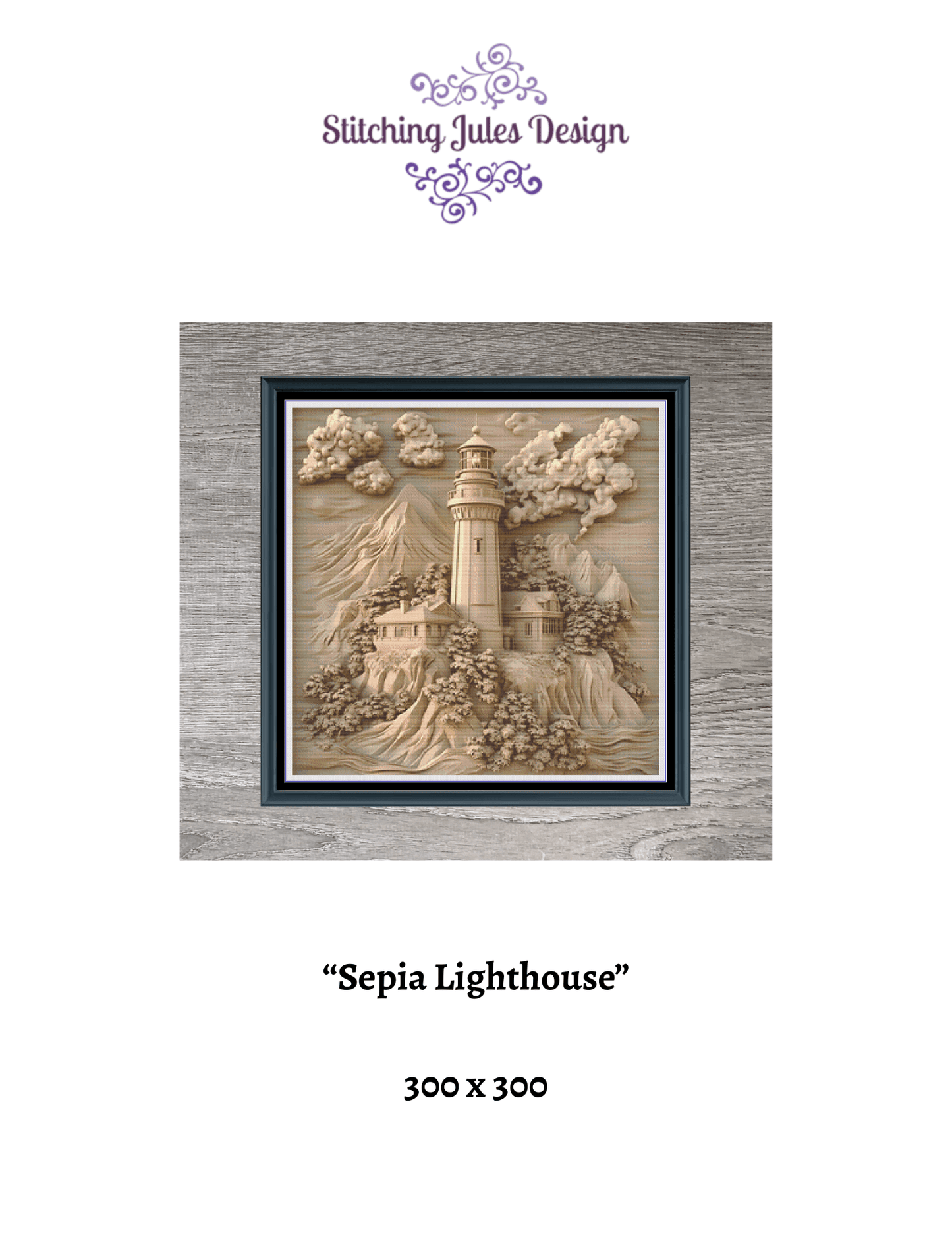 Stitching Jules Design Cross Stitch Pattern Lighthouse Sepia Full Coverage Large Counted Cross Stitch Pattern (Digital Download)