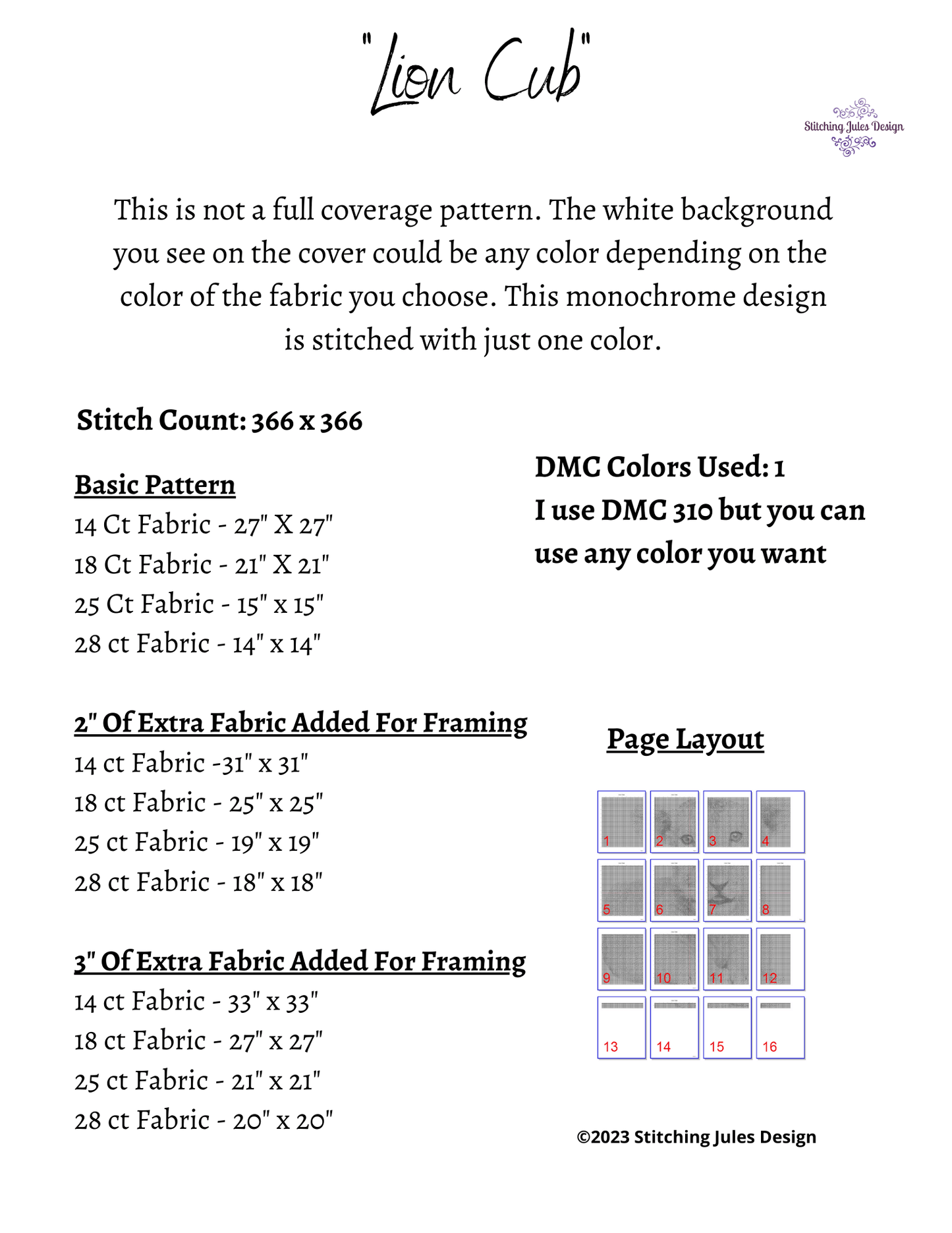 Stitching Jules Design Cross Stitch Pattern Lion Cub Cross Stitch Pattern | Baby Animal Cross Stitch Pattern | Blackwork | Instant PDF Download And Physical Pattern Options