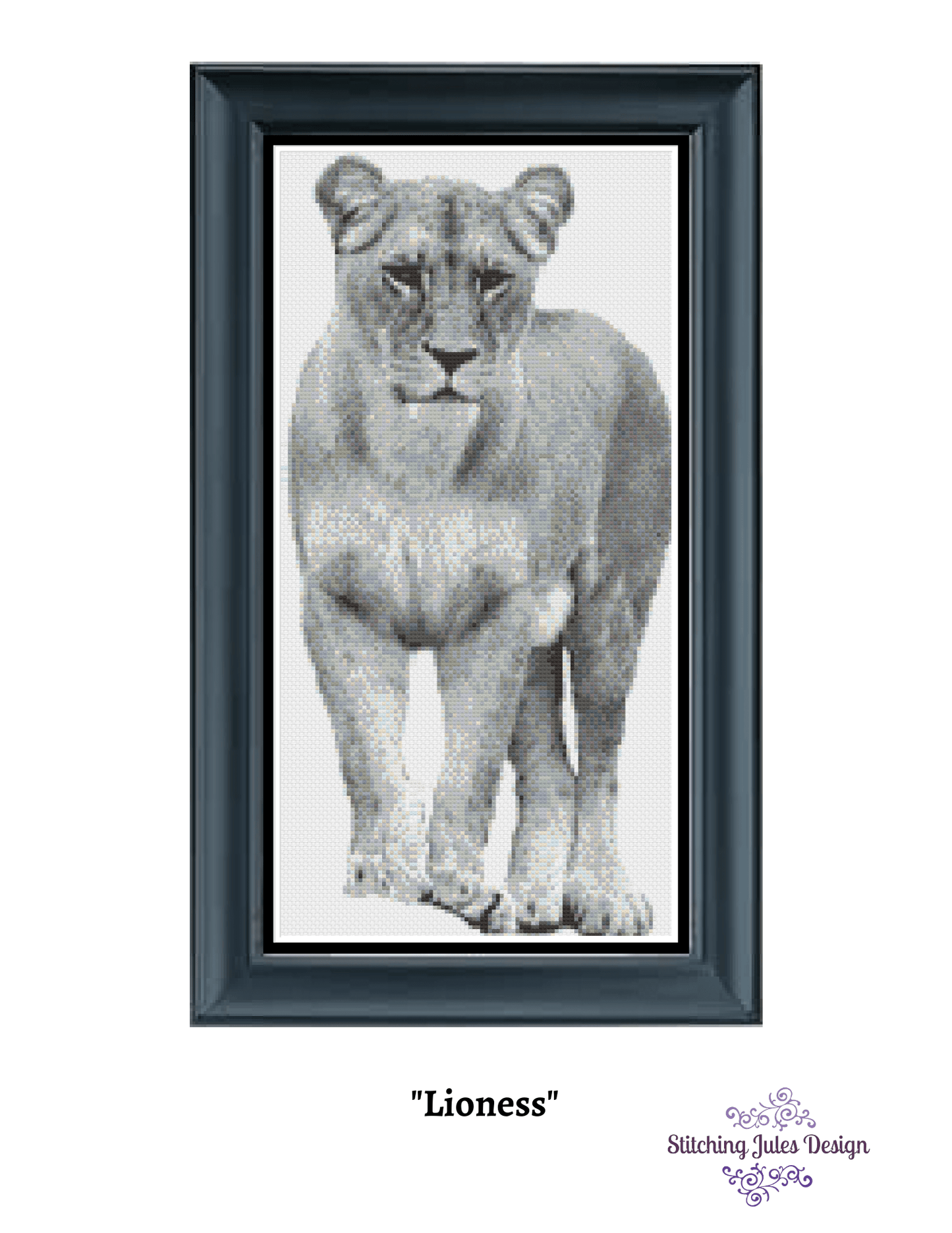 Stitching Jules Design Cross Stitch Pattern Lioness Wildlife Greyscale Cross Stitch Embroidery Needlepoint Pattern