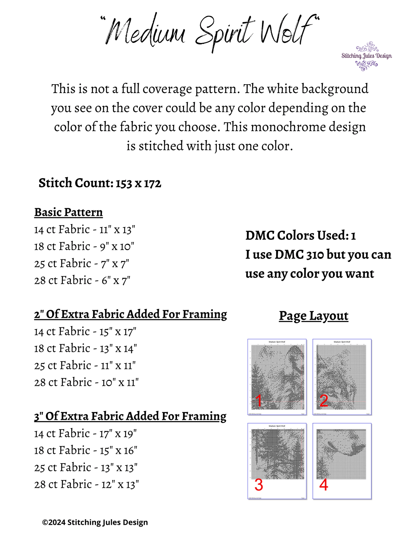 Stitching Jules Design Cross Stitch Pattern Medium Monochrome Wolf Counted Cross-Stitch Pattern | Instant Download PDF