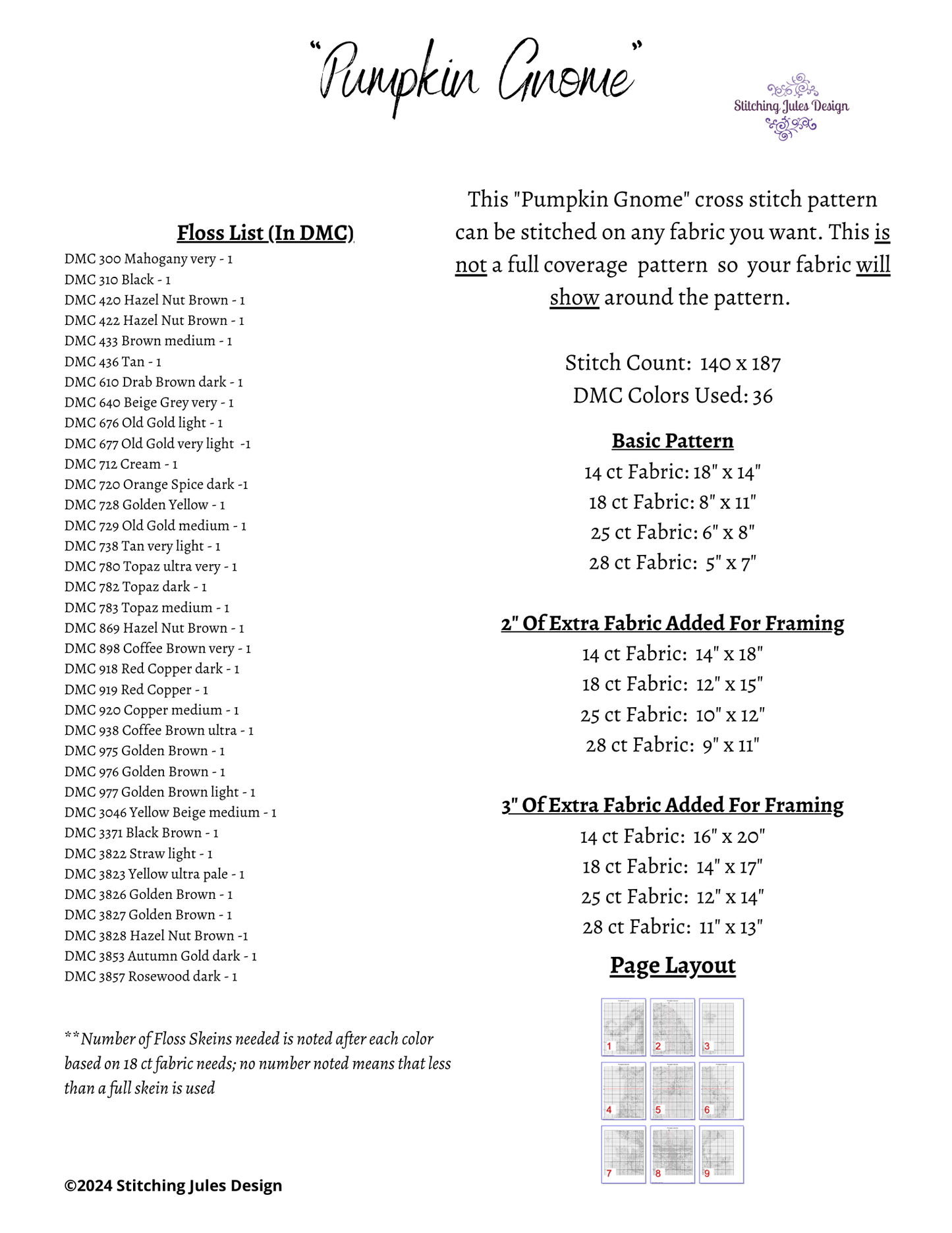 Stitching Jules Design Cross Stitch Pattern Medium Pumpkin Gnome Autumn Cute Counted Cross-Stitch Pattern | Instant Download PDF