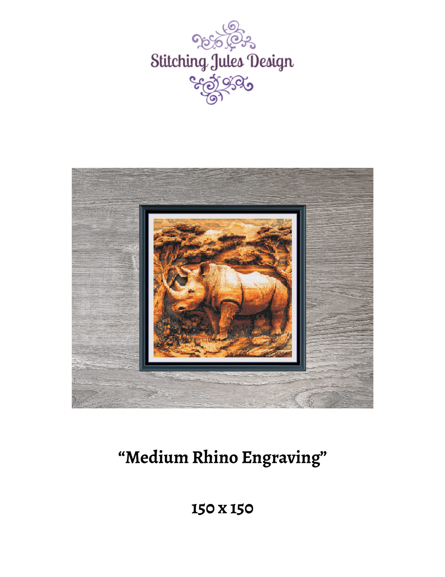 Stitching Jules Design Cross Stitch Pattern Medium Rhino Wildlife Engraving Full Coverage Counted Cross-Stitch Pattern (Digital Download)