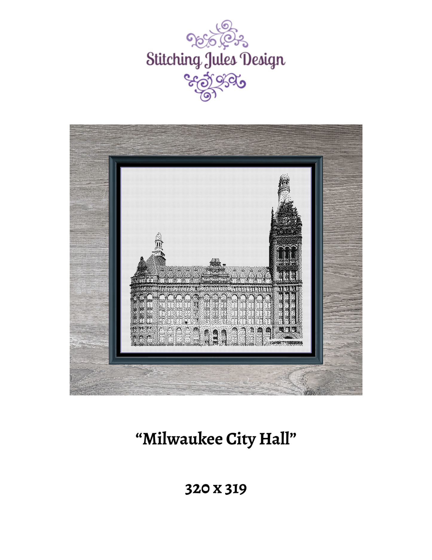 Stitching Jules Design Cross Stitch Pattern Milwaukee City Hall Wisconsin Building Monochrome Counted Cross-Stitch Pattern (Digital Download)