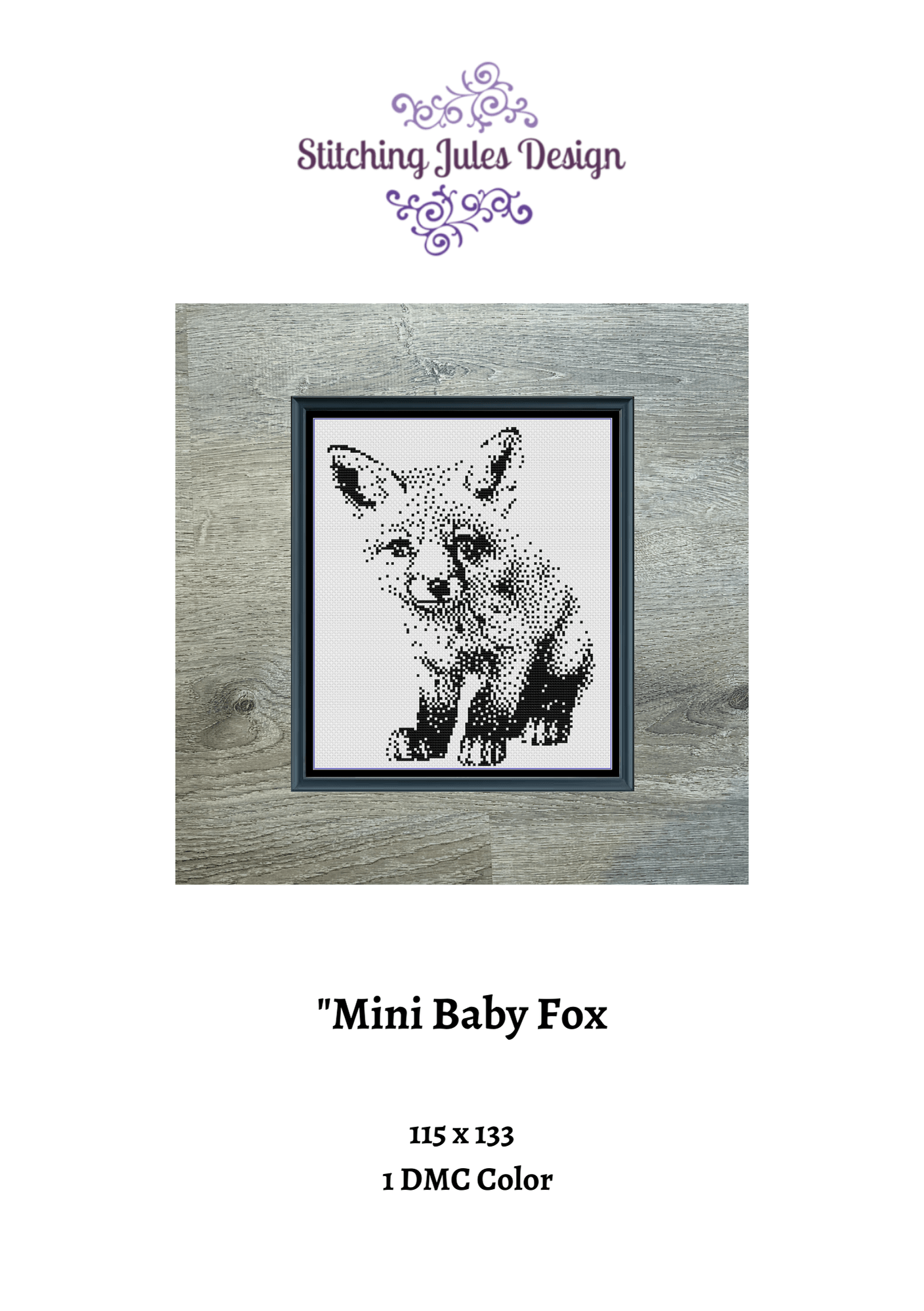 Stitching Jules Design Cross Stitch Pattern Mini Baby Fox Monochrome