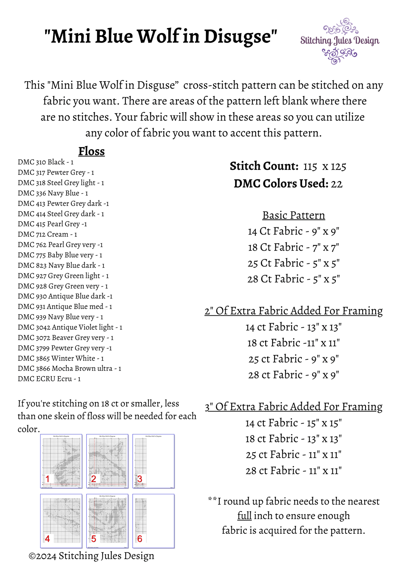 Stitching Jules Design Cross Stitch Pattern Mini Blue Wolf Wildlife Counted Cross-Stitch Pattern | Instant Download PDF