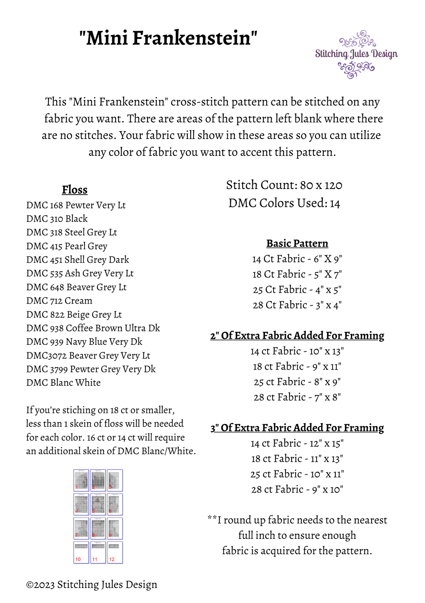 Stitching Jules Design Cross Stitch Pattern Mini Frankenstein's Monster Cross-Stitch Pattern | Instant PDF Download