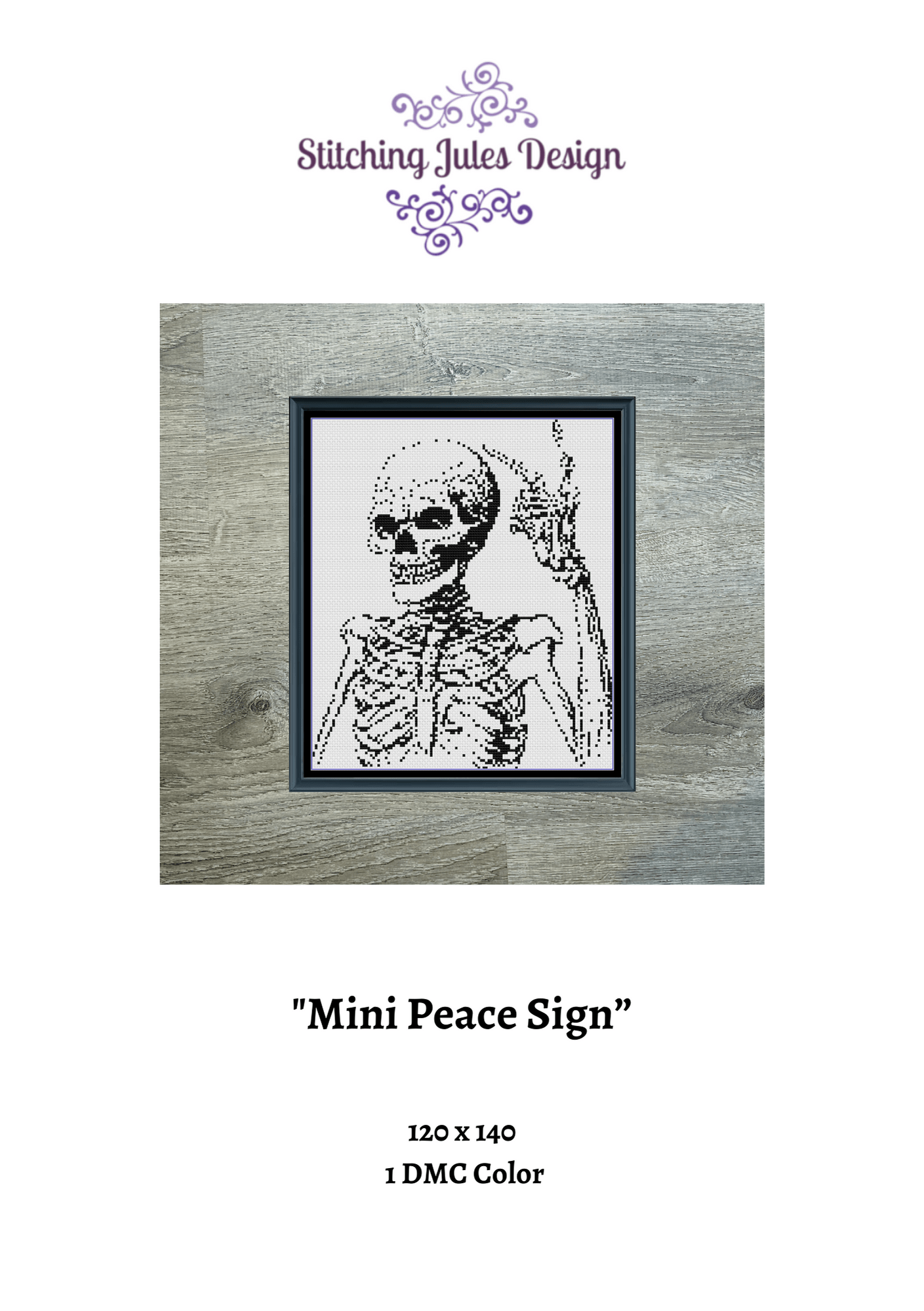 Stitching Jules Design Cross Stitch Pattern Mini Skeleton Peace Sign Monochrome Counted Cross-Stitch Pattern | Instant Download PDF