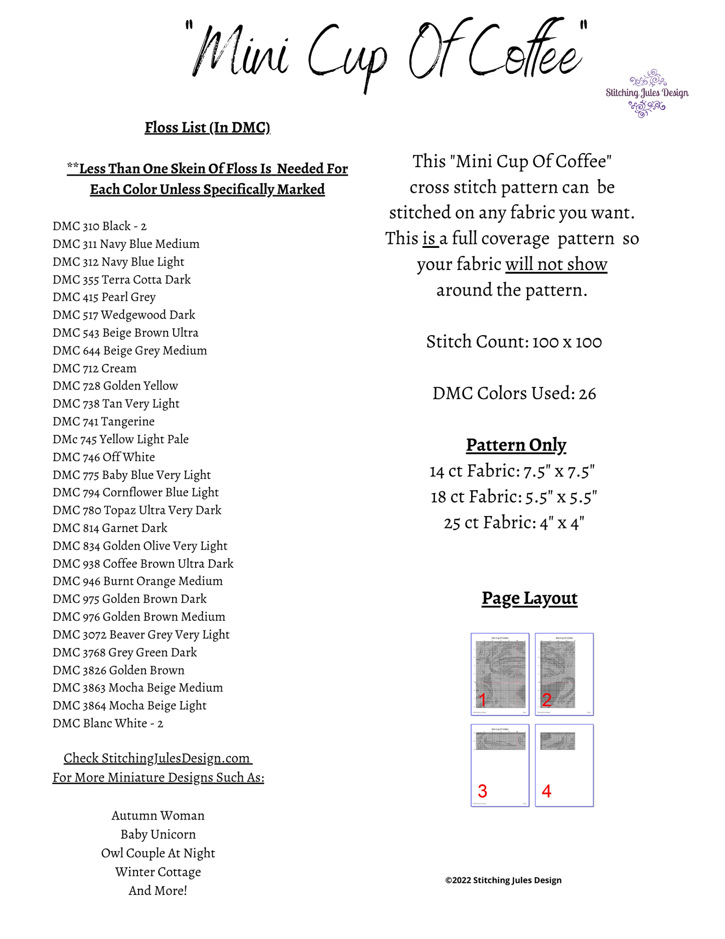 Stitching Jules Design Cross Stitch Pattern Miniature Pattern - Cup Of Coffee Cross Stitch Embroidery Needlepoint Pattern PDF Download