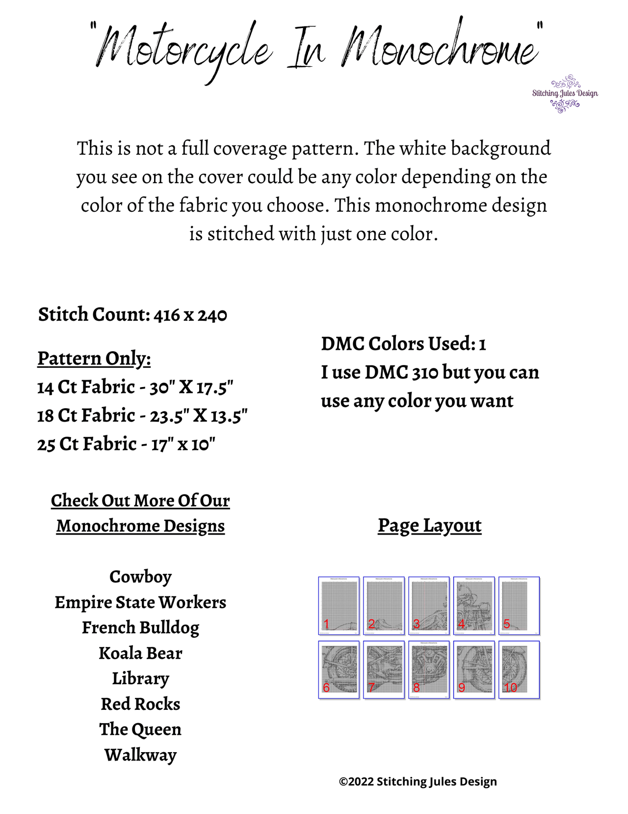 Stitching Jules Design Cross Stitch Pattern Motorcycle Cross Stitch Pattern | Blackwork Cross Stitch Pattern | Physical And Digital Pattern Options